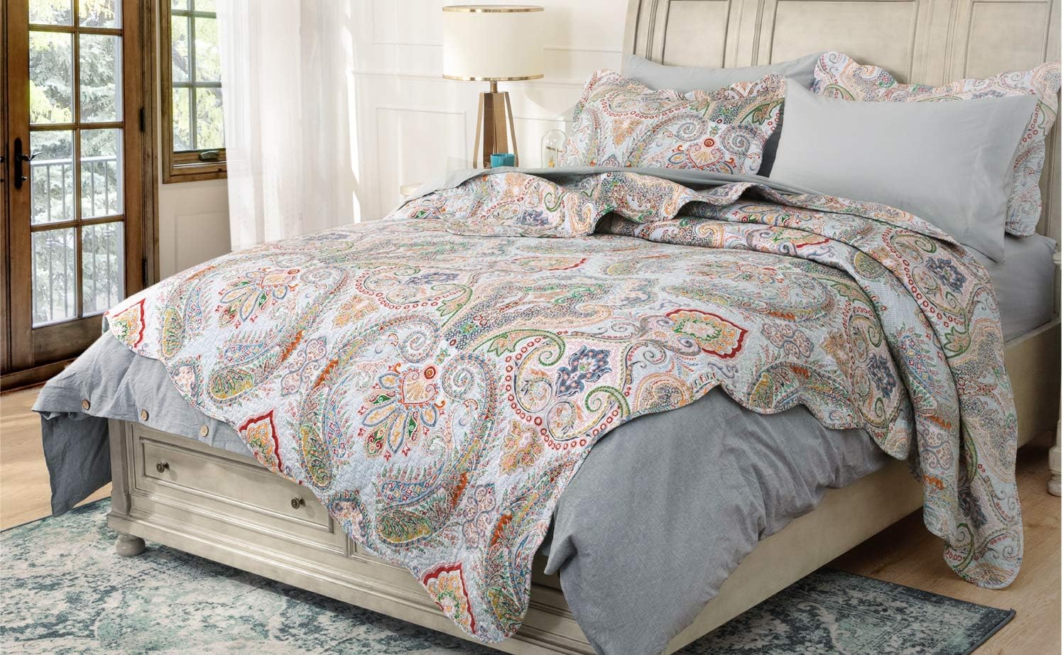 Bedsure 100% Cotton Printed King Quilt Set - Vintage Paisley Pattern, Pre-Washed, 3-Piece Quilt with 2 Shams - All-Season Bed Cover Machine Washable Bedspread Coverlet