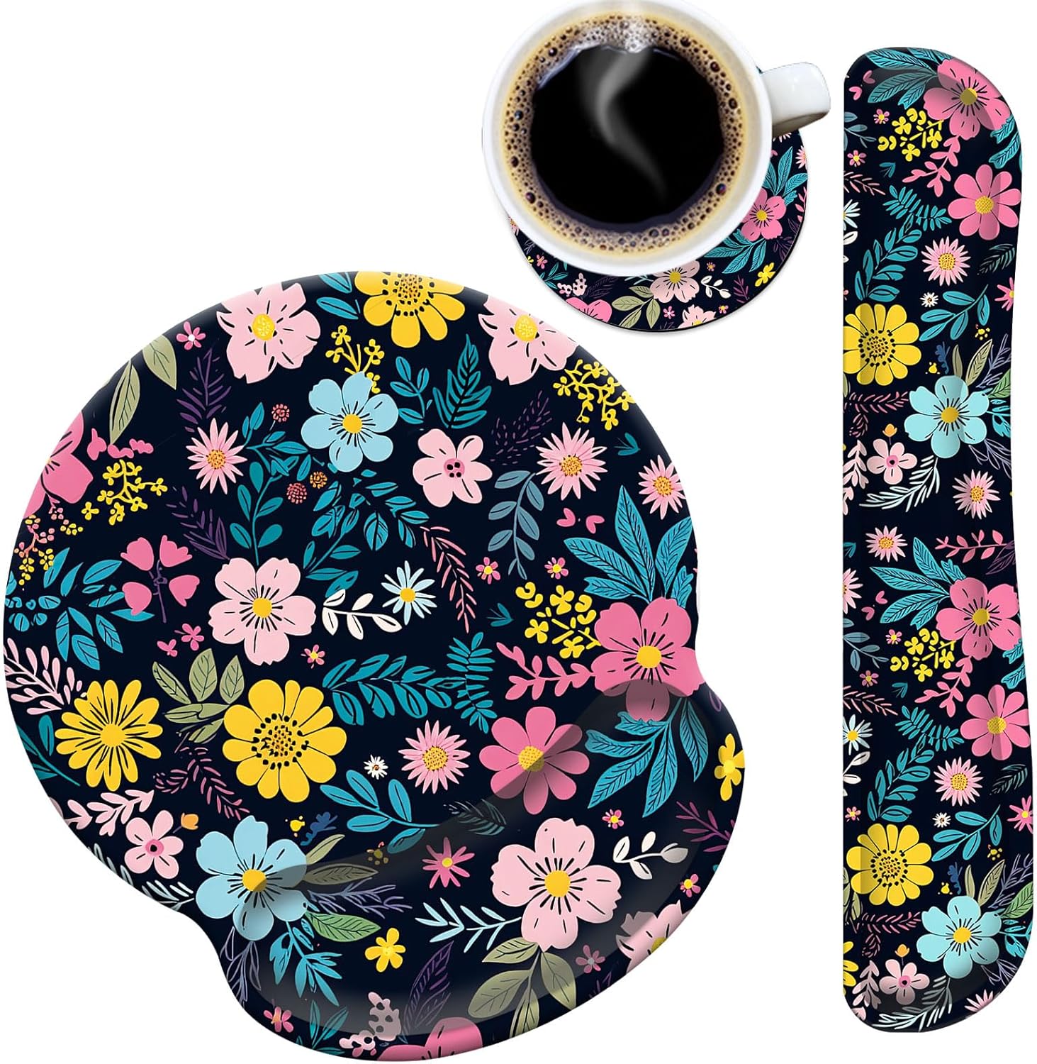 Mouse Pad Wrist Support and Keyboard Wrist Rest with Coaster,Non-Slip Rubber Base Ergonomic Gaming Mousepad for Home Office Working Studying Easy Typing & Pain Relief,Colorful Blooming Floral Flower