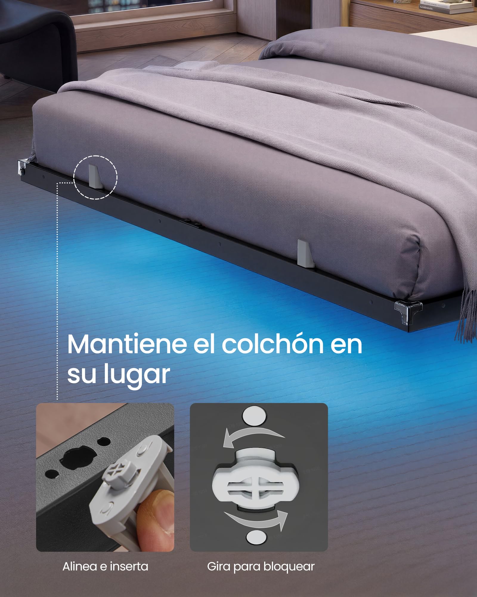 VASAGLE Marco de Cama 140 x 200 cm, Luces LED, Estación de Carga Extraíble, 2 Tomas CA, 1 Puerto USB-C, 1 Puerto USB-A, 1 en Posterior, Soporta hasta 500 kg, Negro Tinta RMB174B101