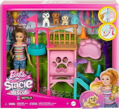 Miniatura 6 de Barbie y Stacie to The Rescue Doll & Playset, carrera de obstáculos para cachorros con muñeca, 3 figuras de perro y 18 accesorios