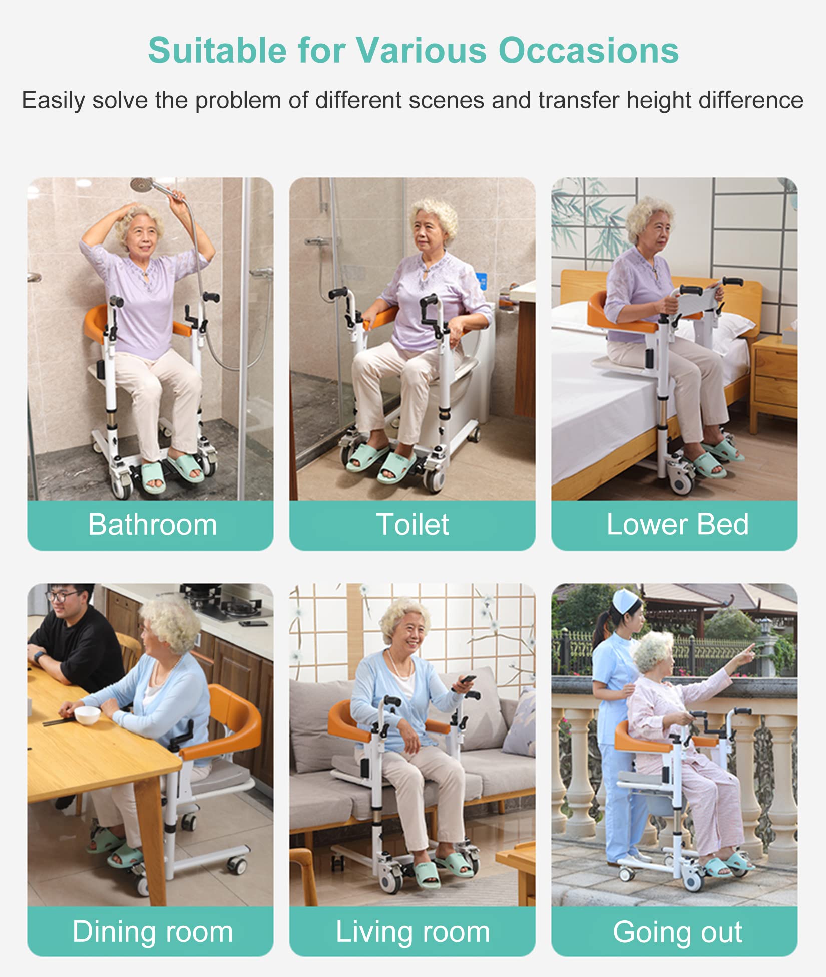 BOTOWI Patientenlifter Patienten Transfer Lift Stuhl, Bett Toilettenstuhl mit 180° geteiltem Sitz, Rollstuhl Lift mit Handkurbel Lifthebel, höhenverstellbarer Behinderten-Dusch-Stuhl
