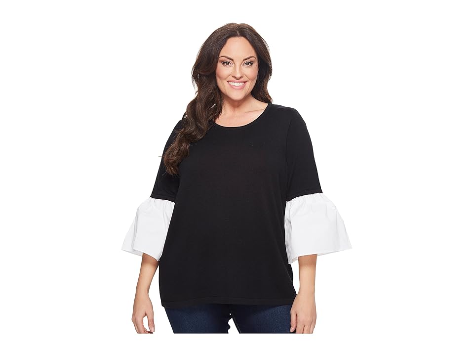 

Calvin Klein Plus Plus Size Crew Neck w/ Poplin Flare Sweater (Black) Women's Sweater