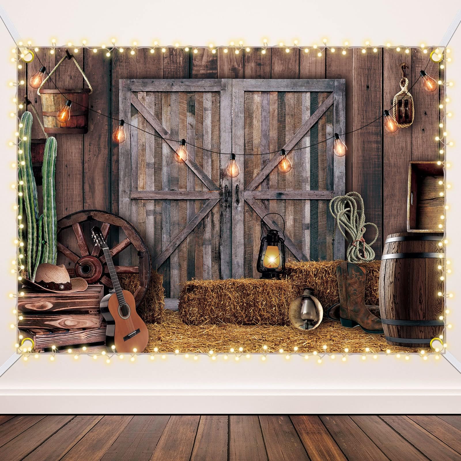 Moukeren 7 x 5 ft Western Party Backdrop Western Cowboy Party Decoration Wild West Decor Wooden House Barn Photo Background for Birthday Wedding Supply