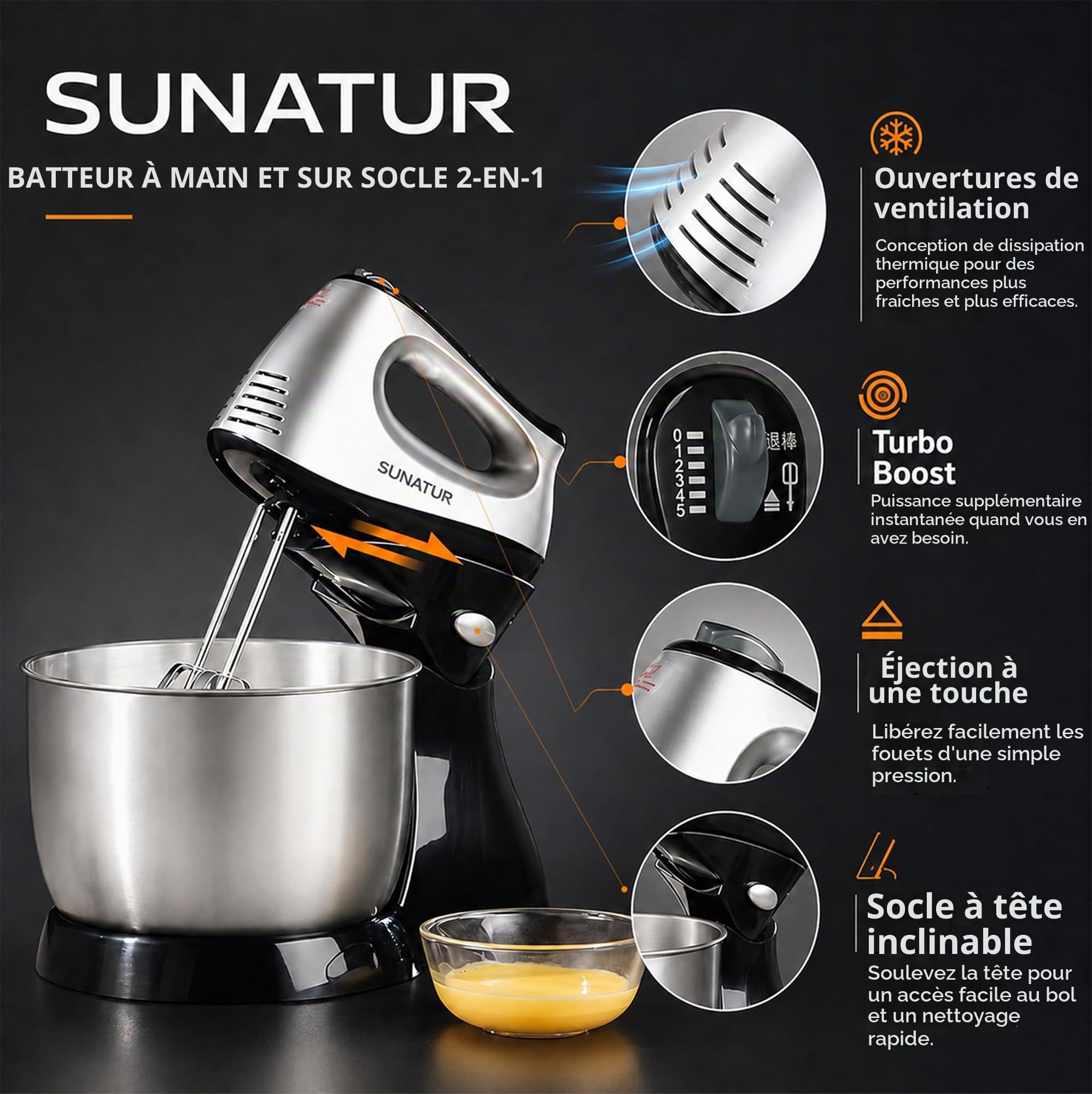 2-in-1 electric mixer with stand; mixes quickly and efficiently; 300W power; 5 speed settings; 3.5-liter capacity; ideal for home use and hobbyists