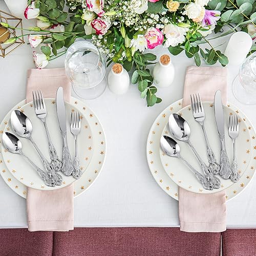 Miniatura 5 de Dandat Juego de cubiertos retro de acero inoxidable de 60 piezas, juego de utensilios antioxidantes, cubiertos pulidos con espejo, incluye cuchara,