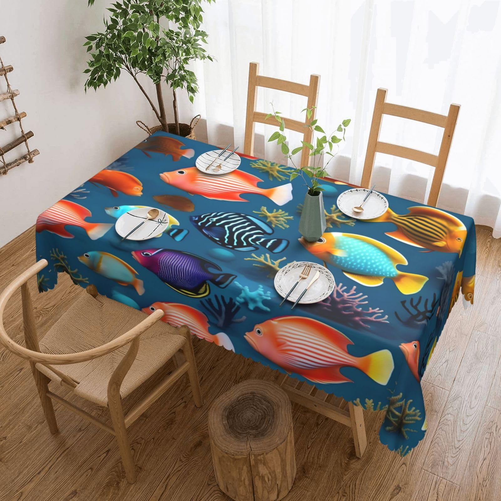 CNTDBU Submarine reef fish Scalloped Edge Tablecloth 54x72-Waterproof Stain Resistant Wrinkle Free Cover, Square Table Cloth for Dining Party