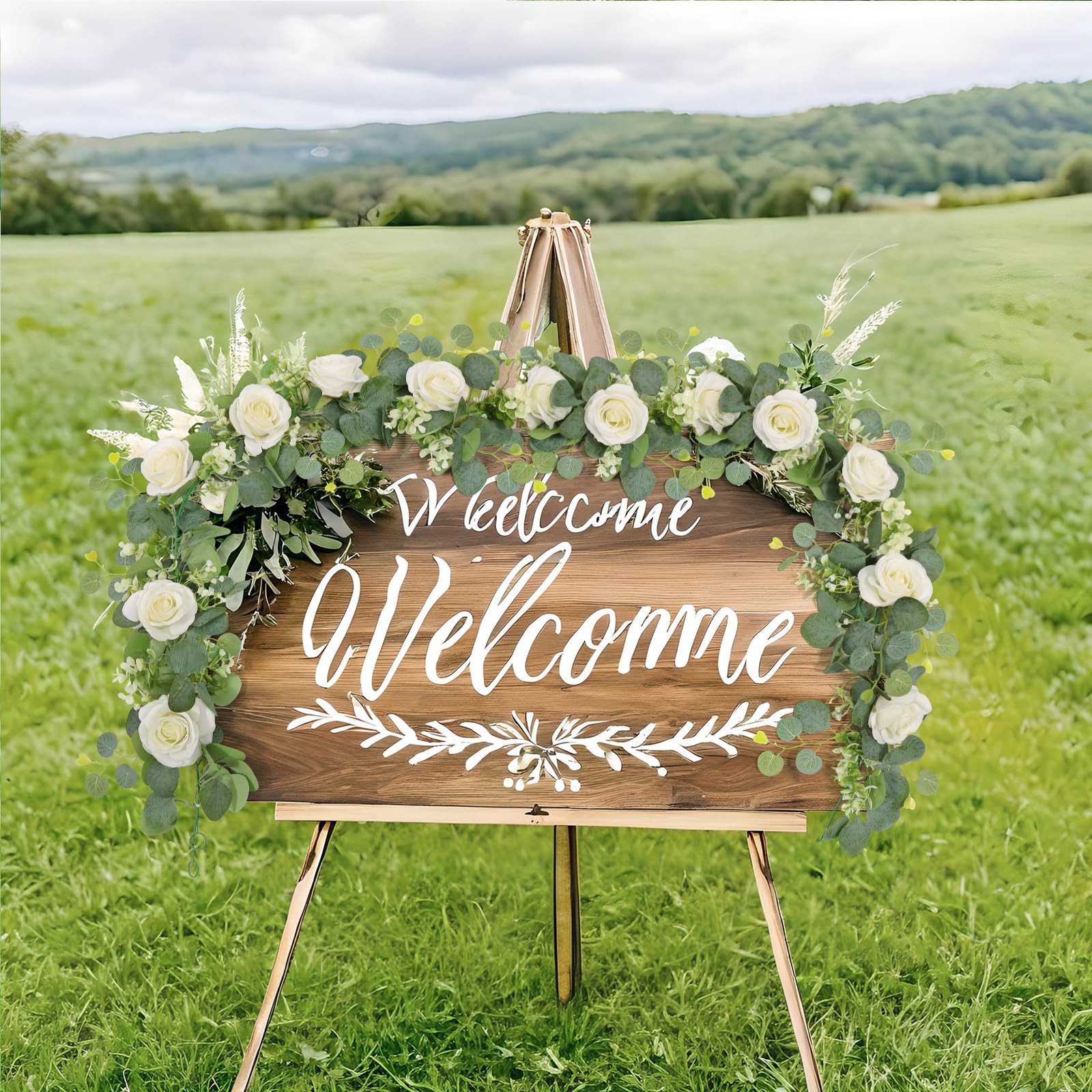 Dremisland 4PCS /24 FT Artificial Eucalyptus Flower Garland Spring Decor White Rose Garland Silk Flowers Fake Eucalyptus Plants Faux Vines Greenery Garlands for Wedding Table Runner Backdrop - Image 4