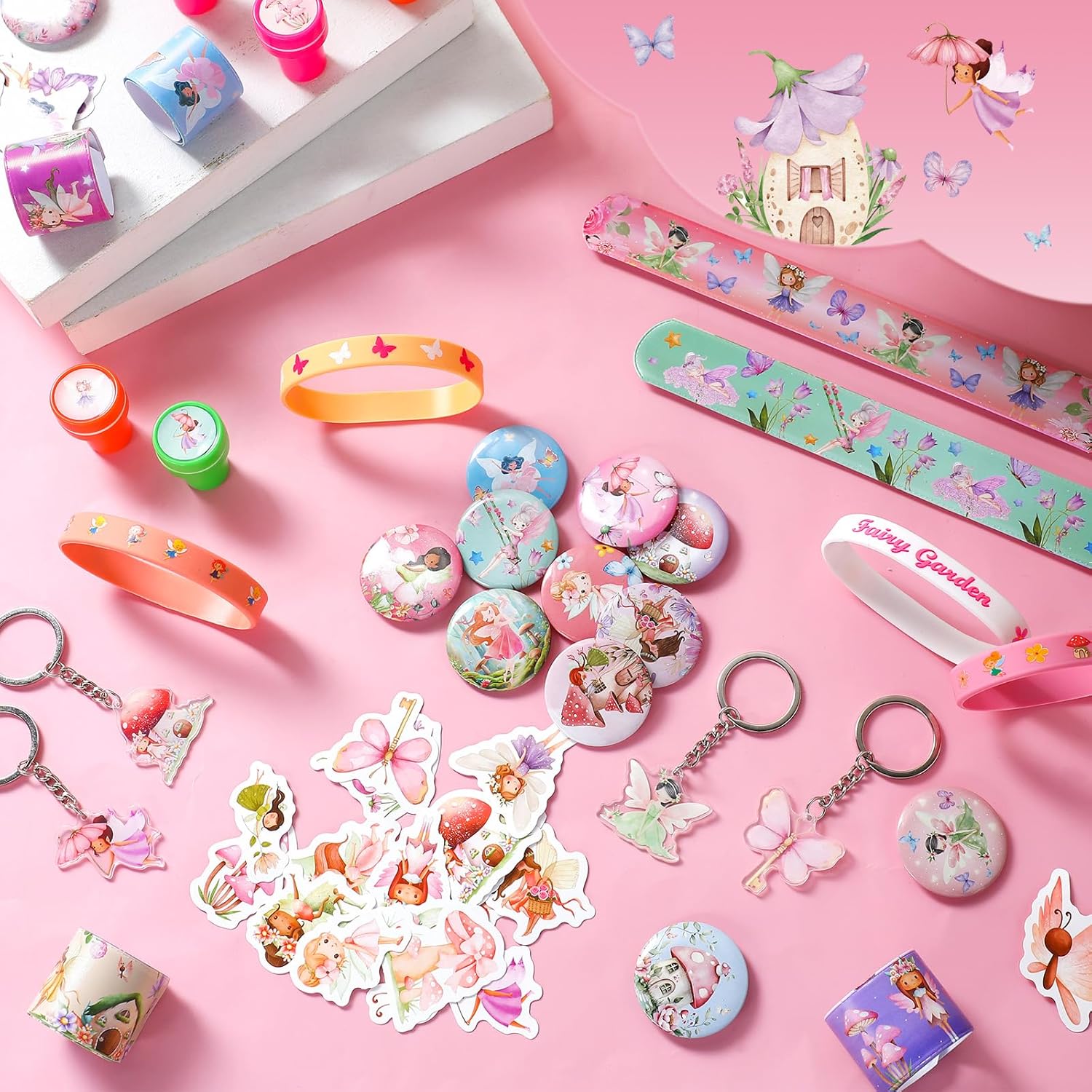 Funrous 122 Pcs Fairy Party Favors Bulk with Woodland Fairy Silicone Slap Bracelets Keychains Stickers Stampers Badges Gifts Bags for Fairytale Garden Forest Birthday Baby Shower Party Supplies