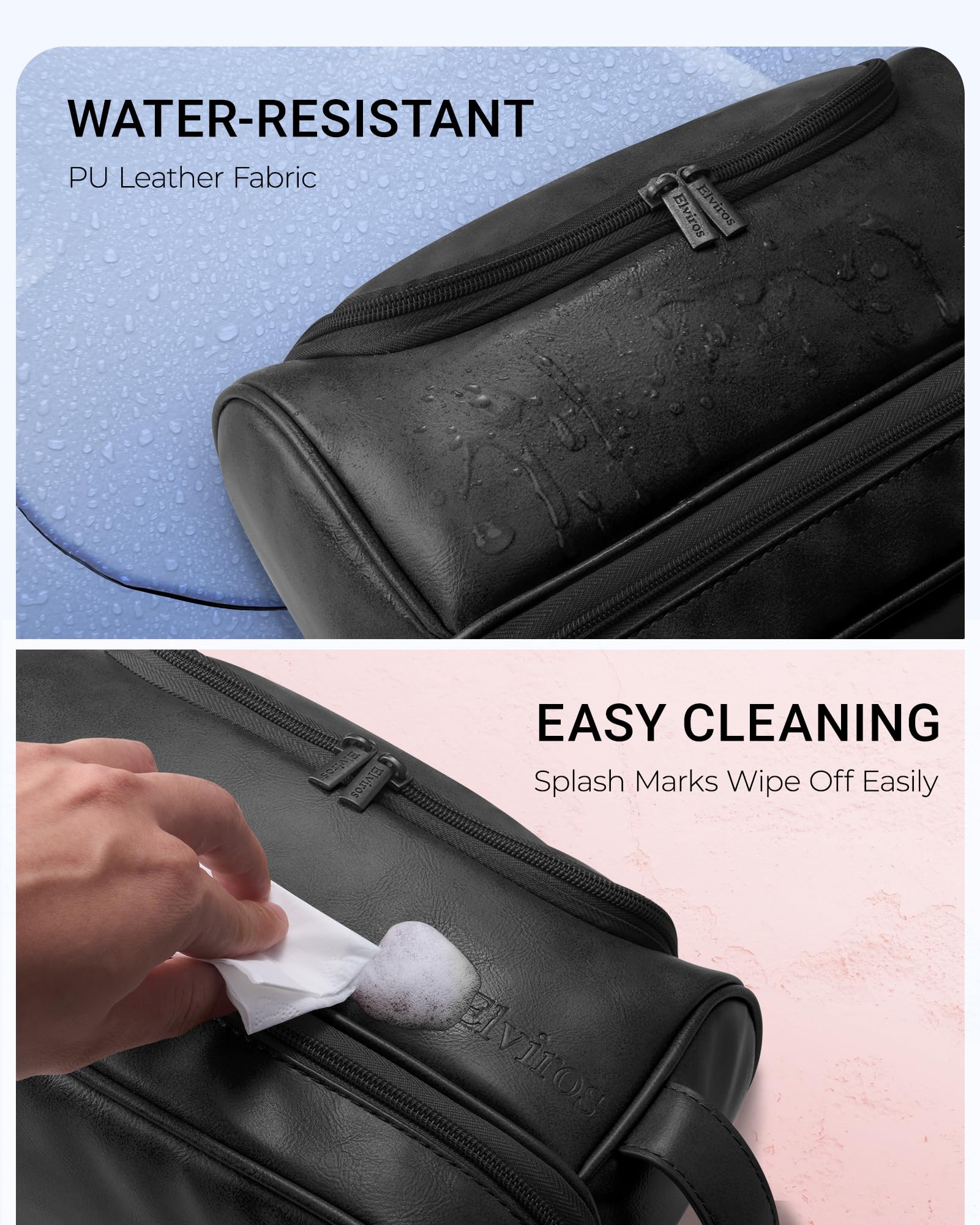 Elviros Beauty case, organizer da viaggio da uomo in pelle con gancio per appenderlo, grande borsa da toilette resistente all'acqua da bagno da donna, nero, Extra Large, Beauty case grande