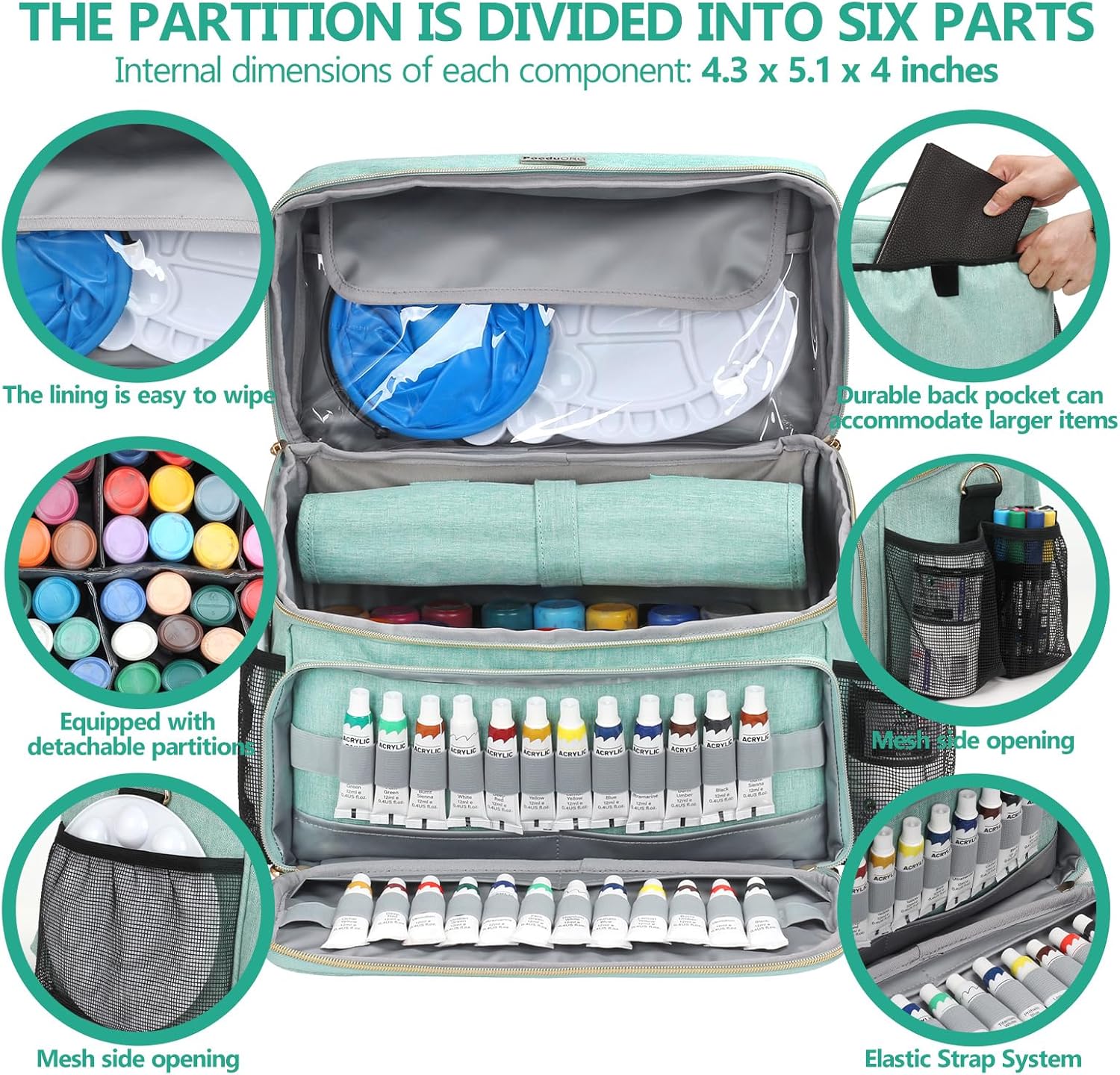 Art Supplies Organizer Storage Bag with Detachable Paint Brush Holder & Partition - Carrying Case for Home/Travel/Outdoor Fits Marks, Acrylic Paint, Palettes, Folding Buckets, Portfolios (Pro Green)