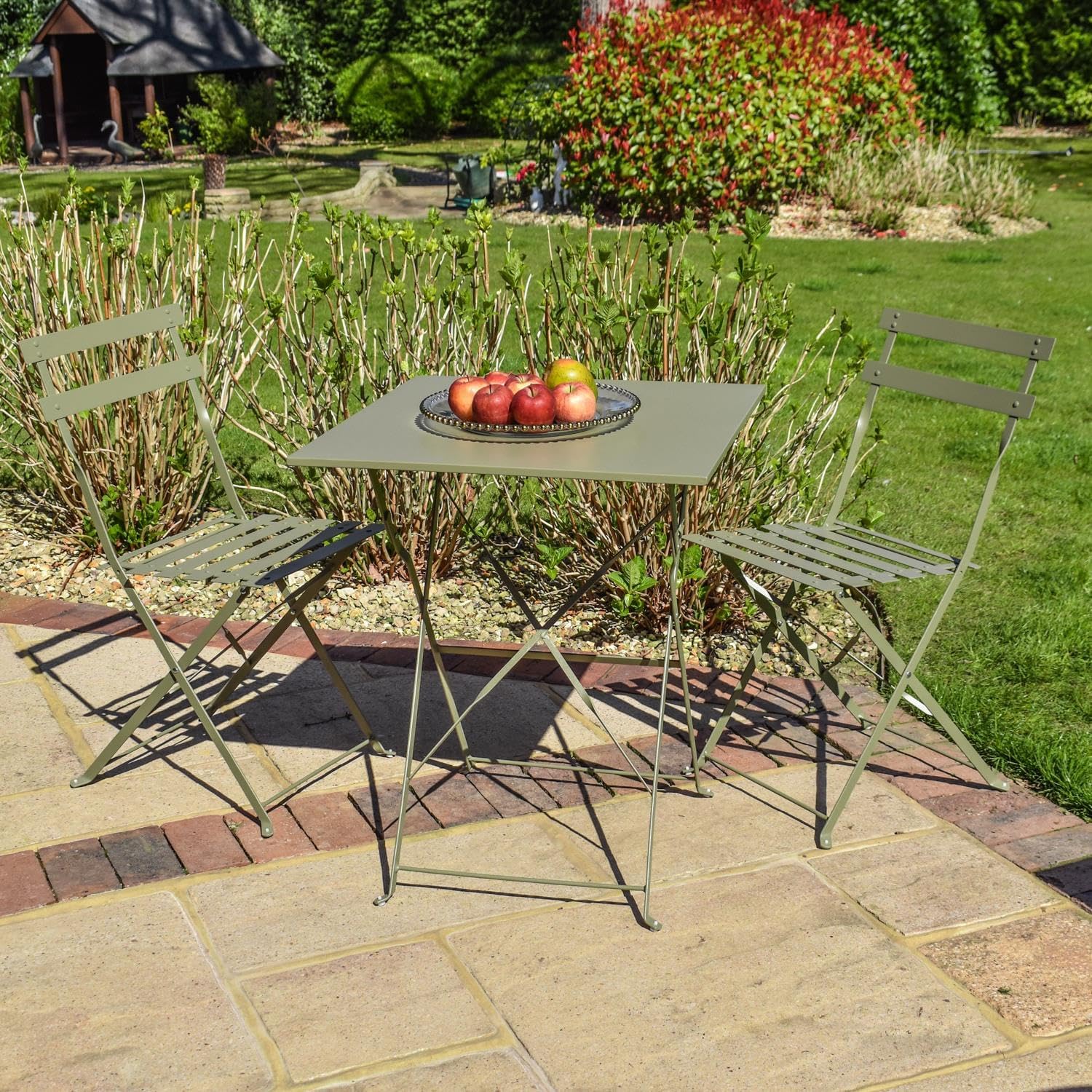 BPS® Deluxe Ensemble Bistro de Jardin | Table et chaises de Jardin en métal | Ensemble de mobilier de Patio 2 pièces | Durable | Table et chaises Pliantes 3 pièces (Olive - Square)