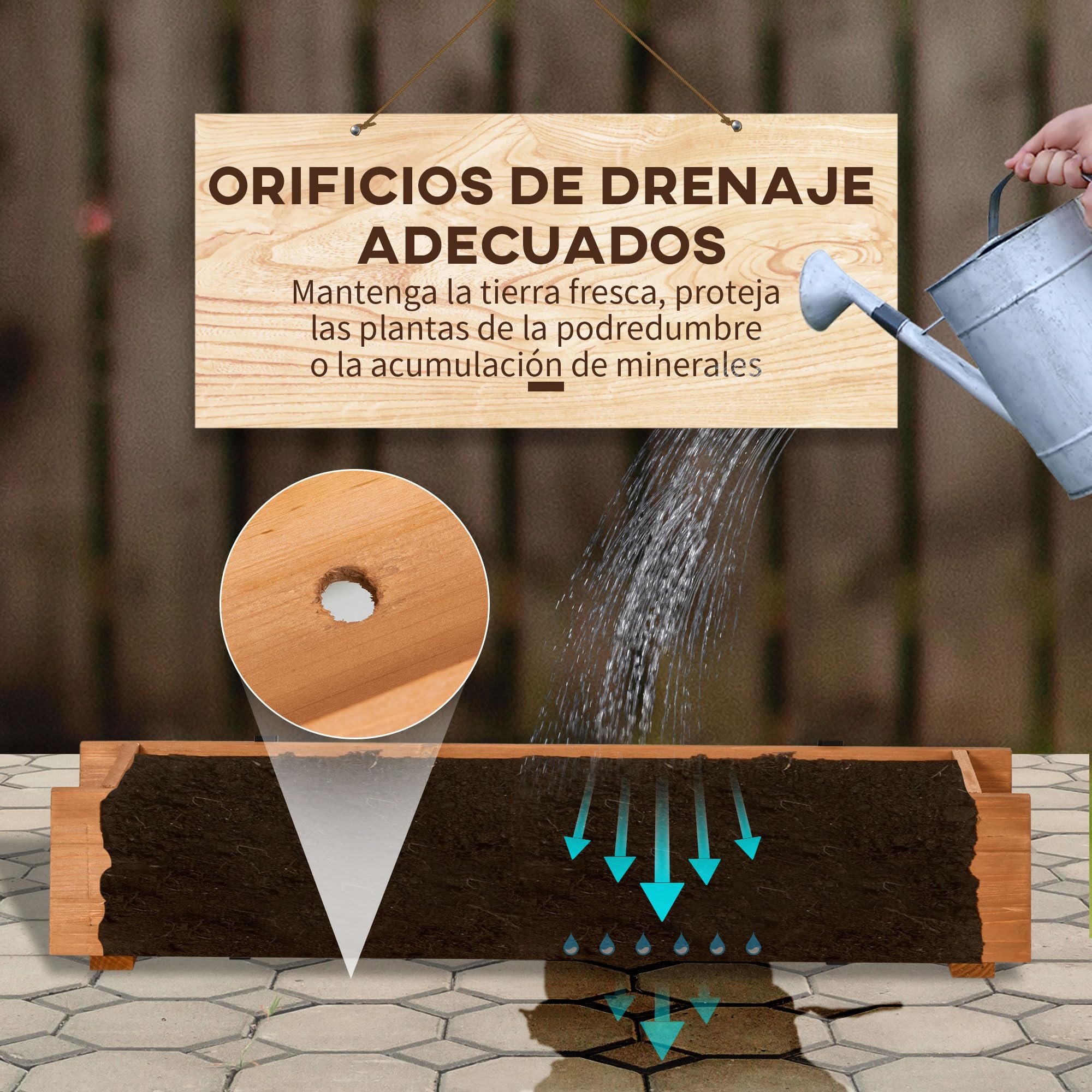 Outsunny Arriate de Madera de Suelo o Pared Jardinera Rectangular Huerto Urbano con 2 Orificios de Drenaje y 2 Ganchos para Cultivos Plantas Flores en Balcón Jardín Terraza 91x18x16,5 cm Natural