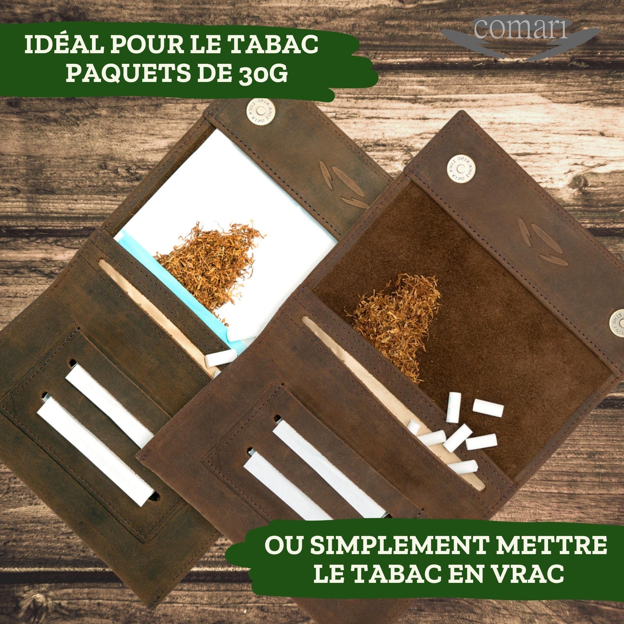 Premium Blague à Tabac Cuir - Boutons Magnétiques - Compartiment pour Doubles-Papiers & Filtres - Pochette à Rouler Faite Main (Marron Vintage)