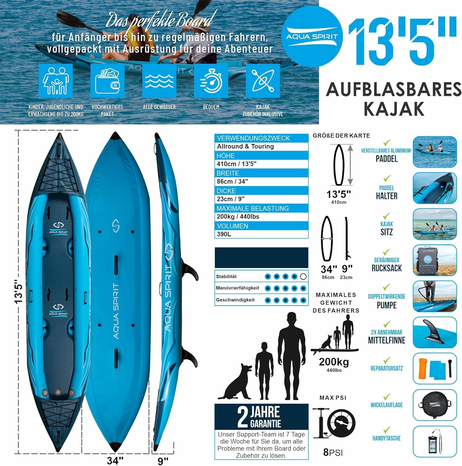 Aqua Spirit Aufblasbares Kajakbrett, 3,5 m, 1 oder 2 Personen, komplettes Kajak-Set mit Paddel, Rucksack, Doppelhubpumpe und mehr Zubehör, Erwachsene Anfänger/Experten