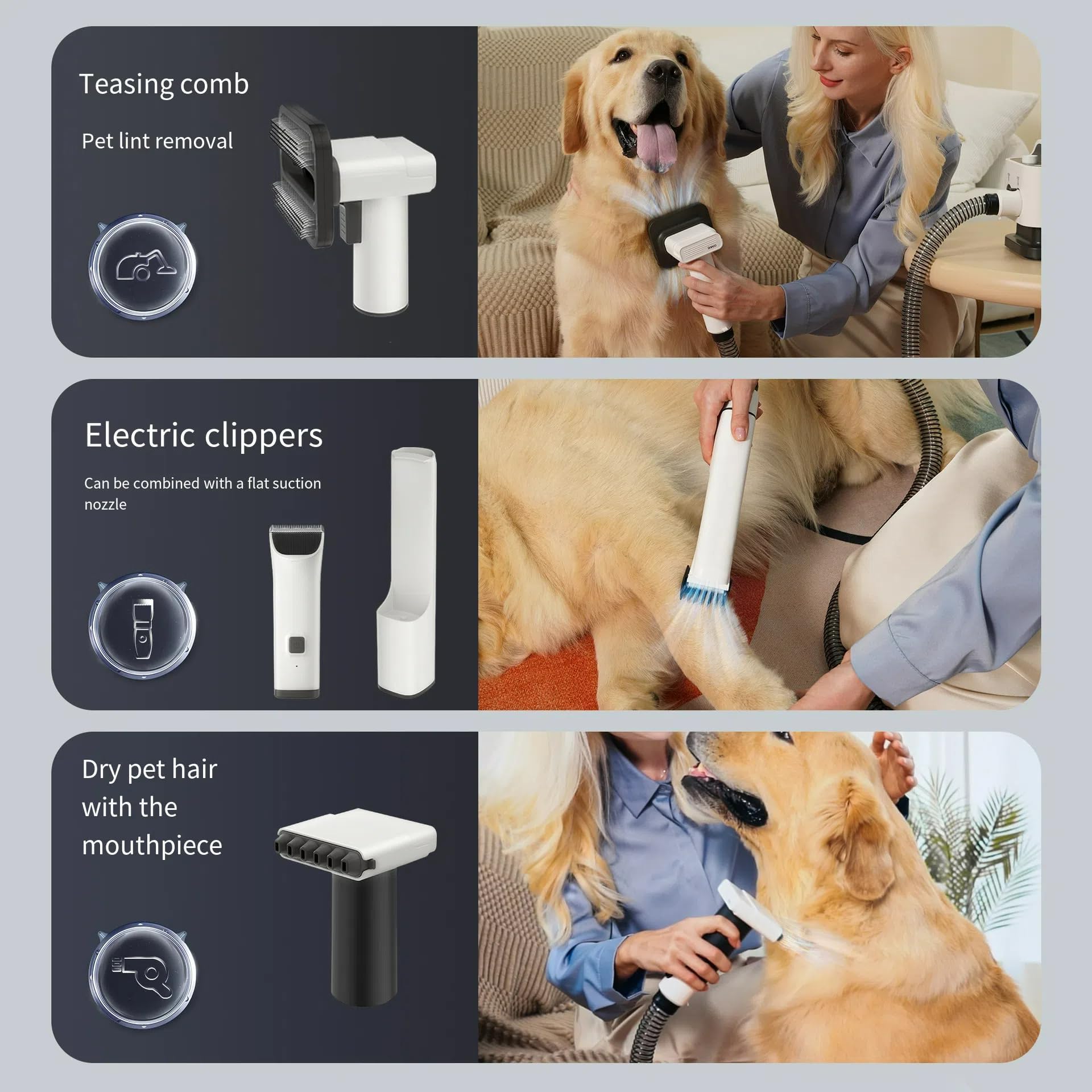 Máquina de aseo para mascotas: dispositivo integrado de succión, corte y soplado para gatos y perros, soplador de pelo de bajo ruido, aspiradora y juego de afeitado