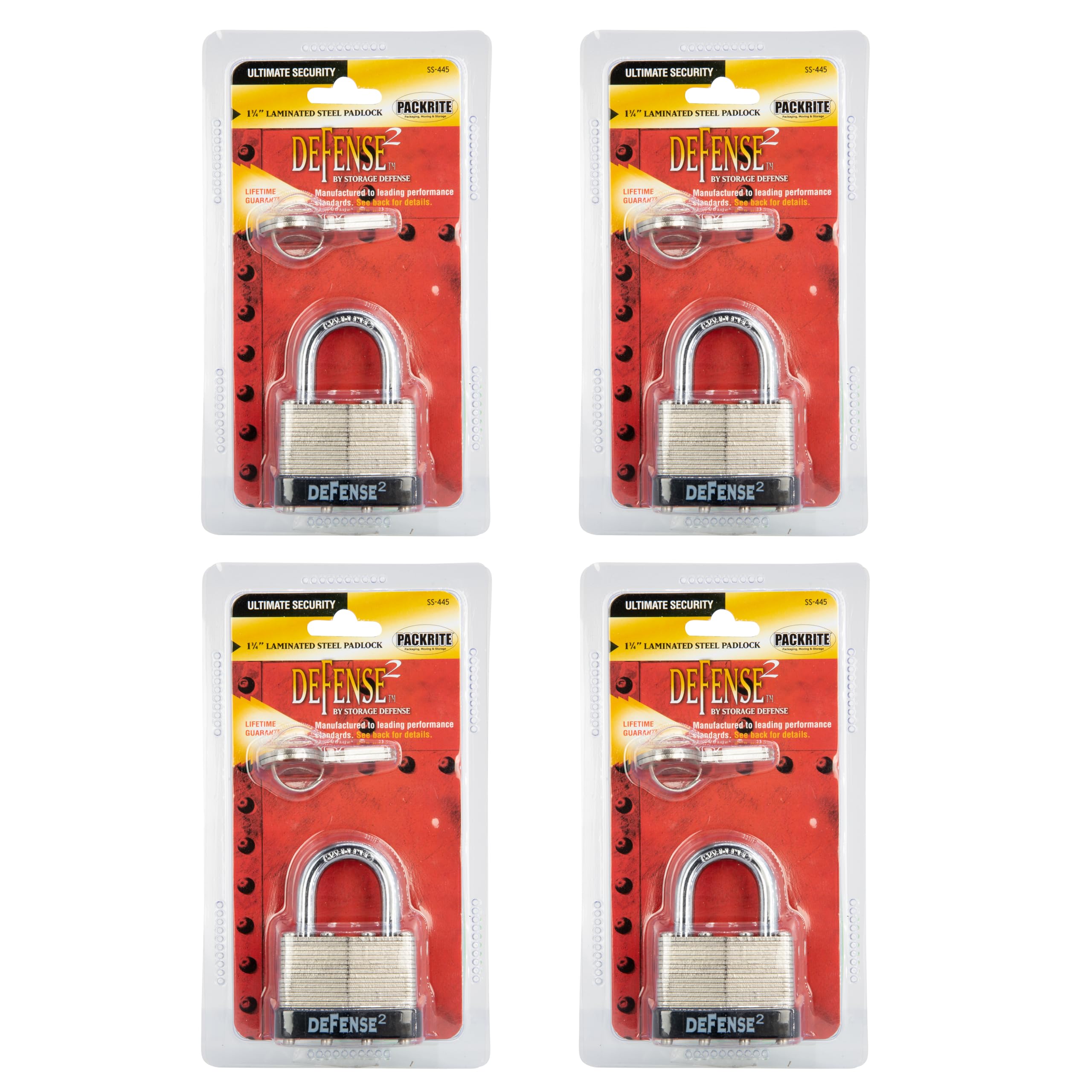 Defense2 Padlock with Key - 1 3/4 Inch Laminated Steel Keyed Lock with Hardened Steel Chrome-Plated Shackle, Pick Resistant Key Lock, Double Locking Levers, 4 Pack - 2 Keys Each