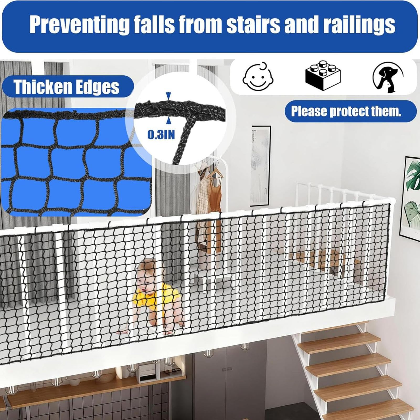 Red para Balcón - Malla de Protección Anticaídas | Red de Seguridad Infantil para Escaleras | para Niños, Mascotas, Apartamento, Escalera, Parque Infantil, Barandilla de Balcón, Deportes, Golf