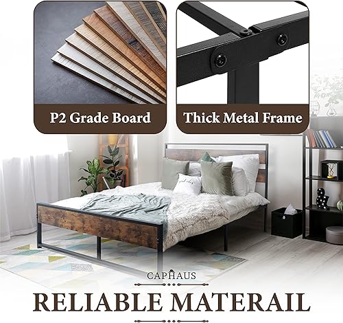Miniatura 4 de CAPHAUS Base de cama de metal con cabecero y estribo de madera modernos base de colchón cama de plataforma de metal con marco de acero de alta