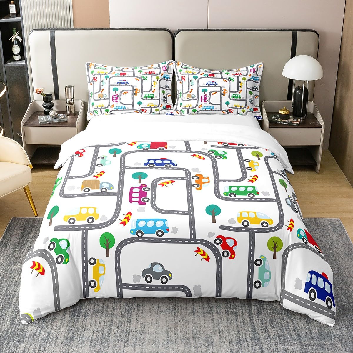 Homemissing Dessin animé Voiture Parure de lit Coton Ensemble de Housse de Couette Centre - Ville pour Enfants 100% Coton Housse de Couette 220x240cm scène Cowboy Literie Moderne Blanc literie