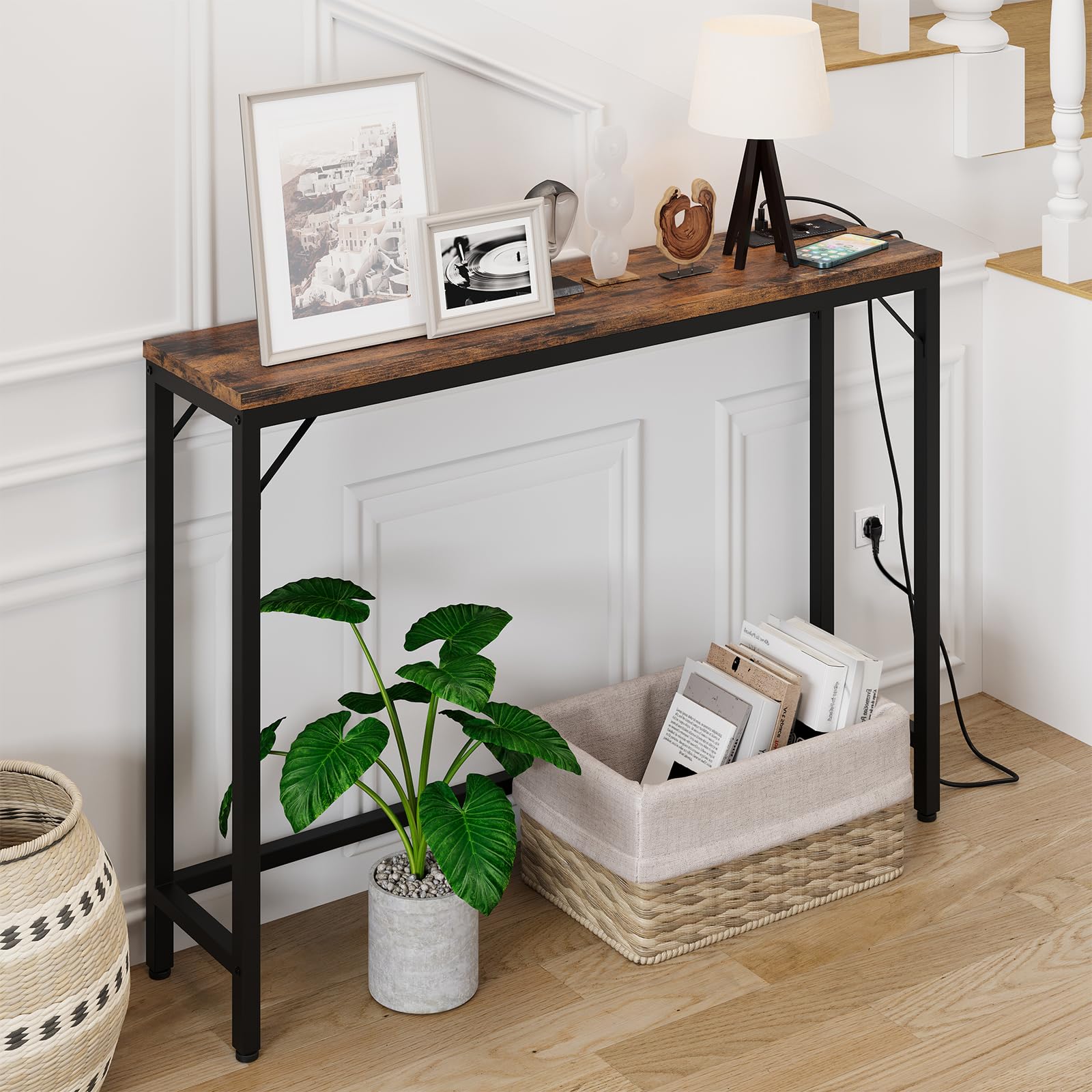 Garvee Consolle Ingresso Con Stazione Di Ricarica, Tavolo Consolle Stretto In Metallo e MDF Per Soggiorno, Corridoio, 100 x 23 x 80 cm, Marrone Rustico