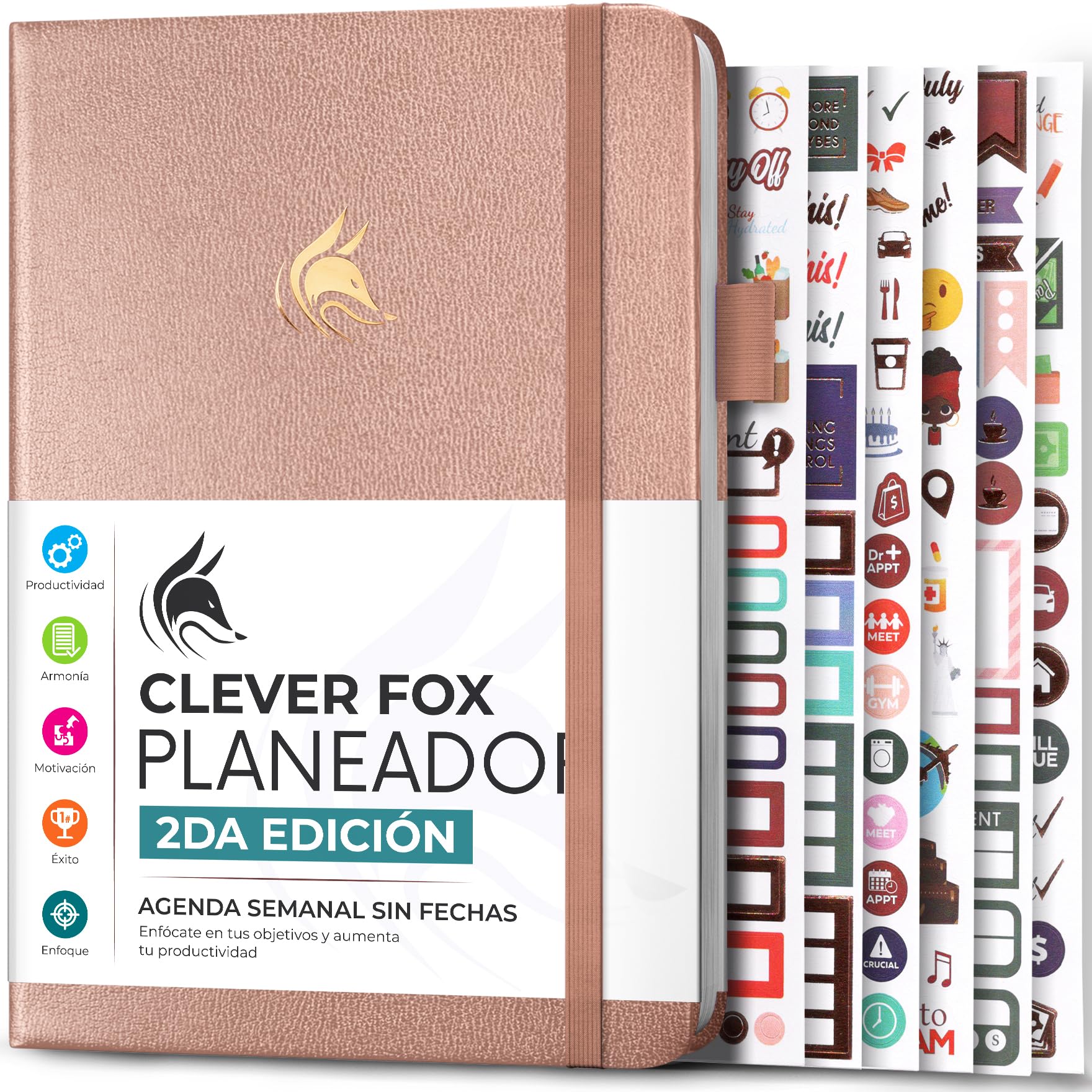 Clever Fox Planner 2 Edición en Español - Colorida Agenda de Objetivos Semanales y Mensuales, Organizadora de Tiempo, Sin Fecha A5 (Oro rosa)