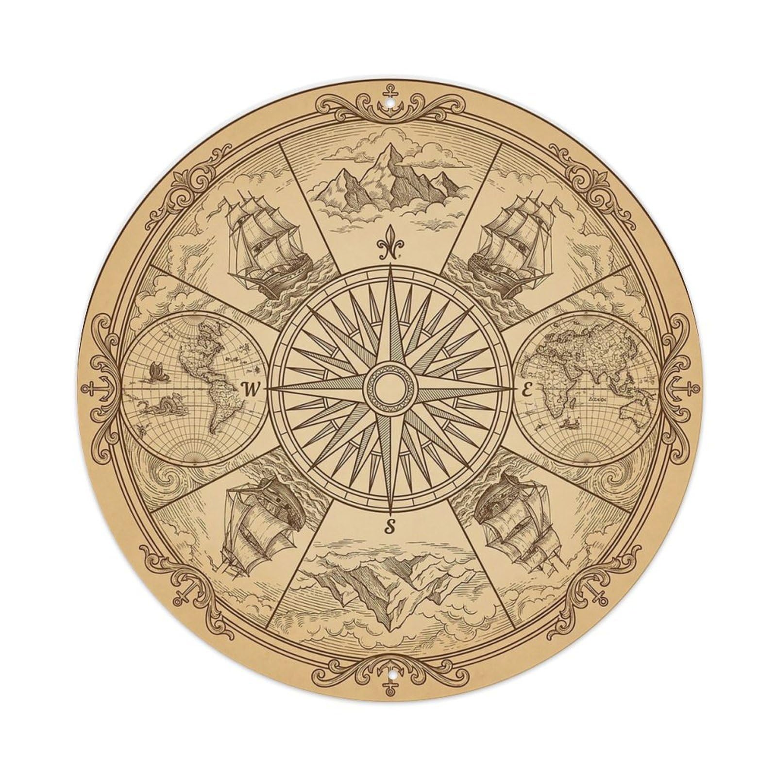 Vintage Nautical Compass World Map Surveying Chronicle Metal Tin Sign