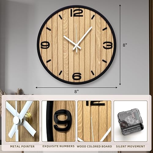 Miniatura 2 de Reloj de pared redondo de 8 pulgadas, funciona con pilas, de cuarzo, sin tictac, para apartamento, sala de estar, dormitorio, pasillo, aula, fácil