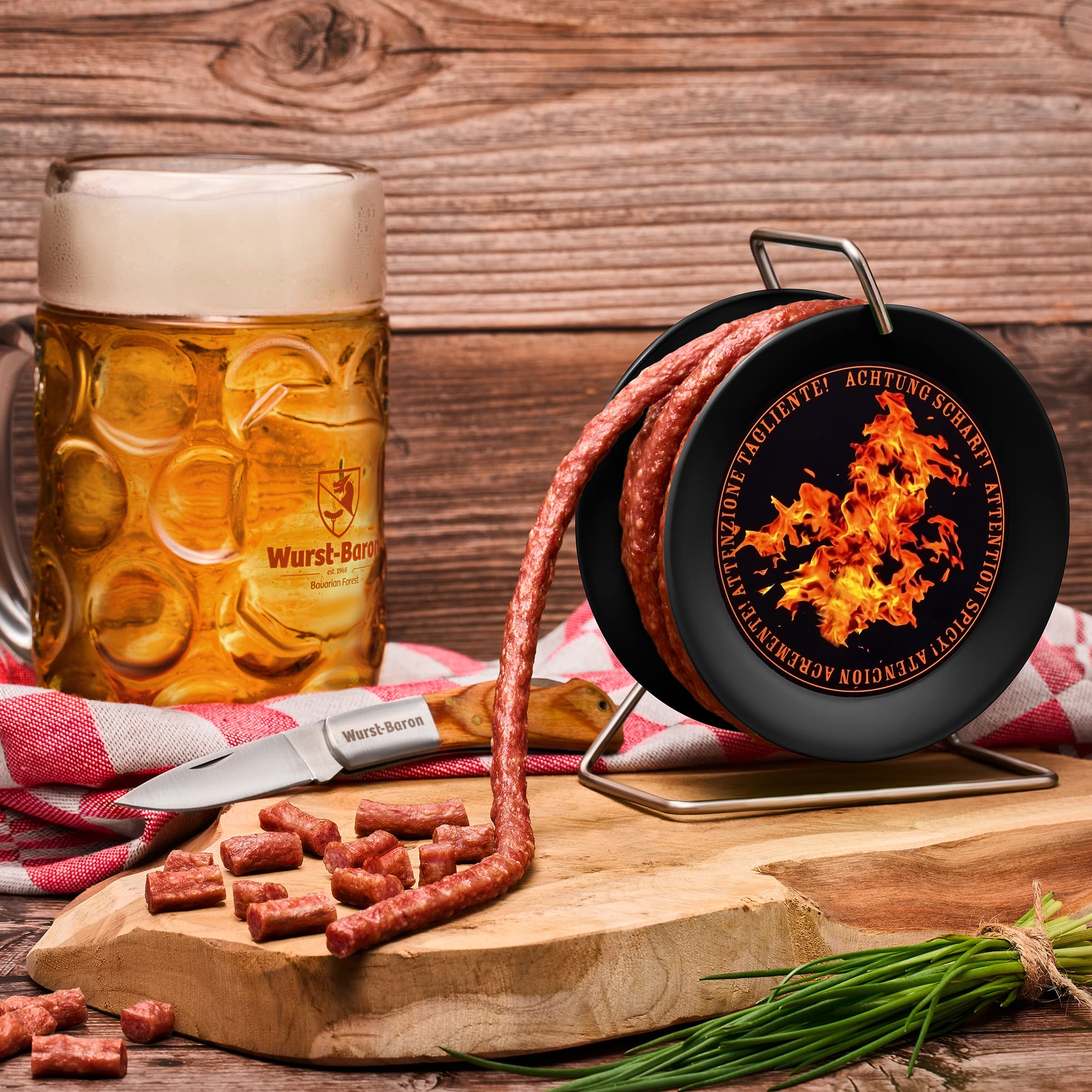 WURSTBARON® Enrollador de Chorizo Picante, 3,5 m de embutido estilo Cracovia, calidad alta y sabor picante, sabroso regalo para él y para ella, 240 g