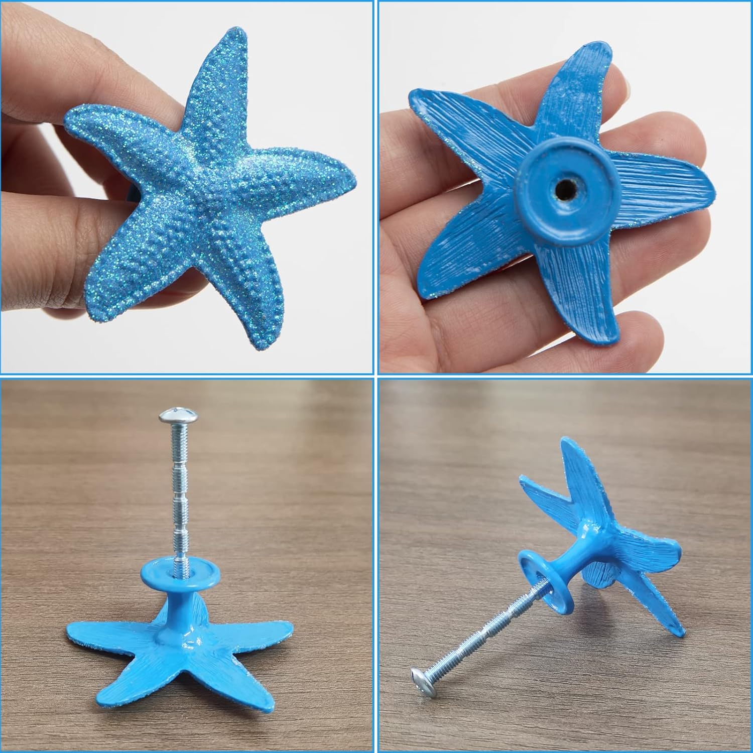 Starfish Drawer Pulls and Knobs 8Pack Glittery Animal Cabinet Knobs Cute Pulls for Kitchen Bathroom Dresser Blue Ocean Beach Theme Handles