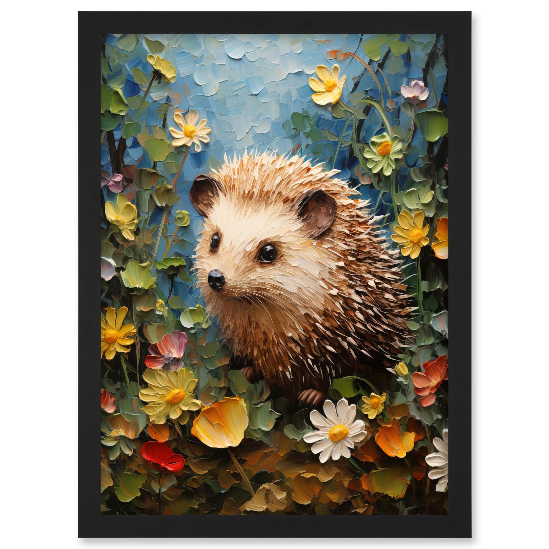 Artery8 Hedgehog Wildflower Meadow Thick Paint Oil Painting Kids Bedroom Cute Woodland Creature Artwork Framed A3 Wall Art Print