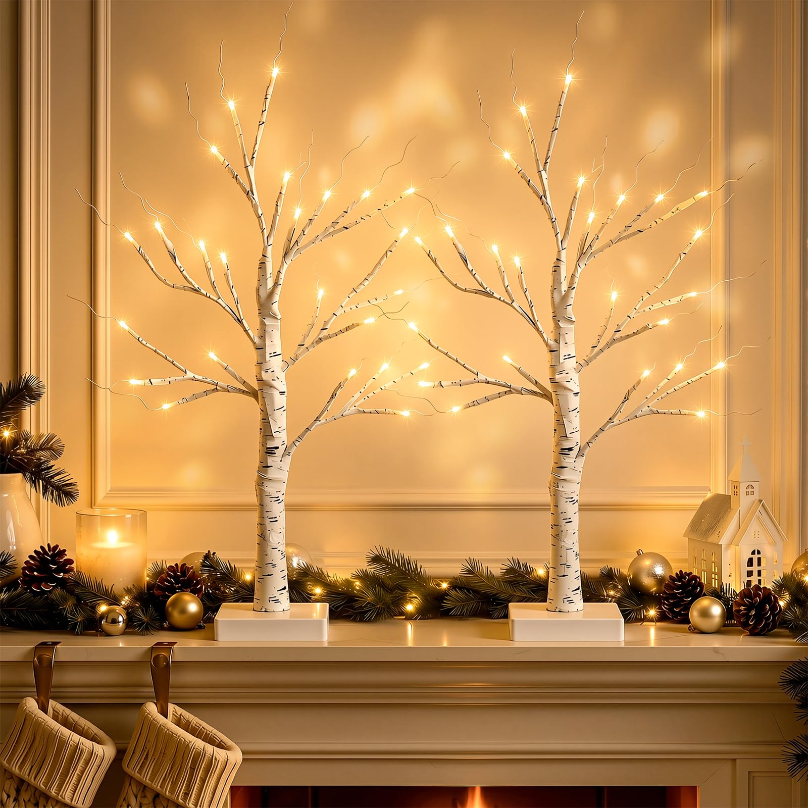 OLANRUN Christmas Decorations, 2Pcs Birch Twig Tree with Lights 48 Warm White LEDs, USB & Battery Operated 2FT White Small Christmas Tree Table Decorations for Home Indoor Office Mantel Windowsill