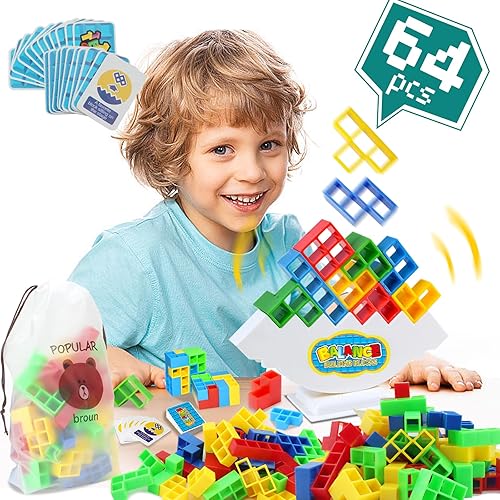 Chahot Tetra Tower Juego de bloques apilables de equilibrio, juego de mesa de equilibrio de 64 piezas para niños y adultos, juego de torre Tetris,