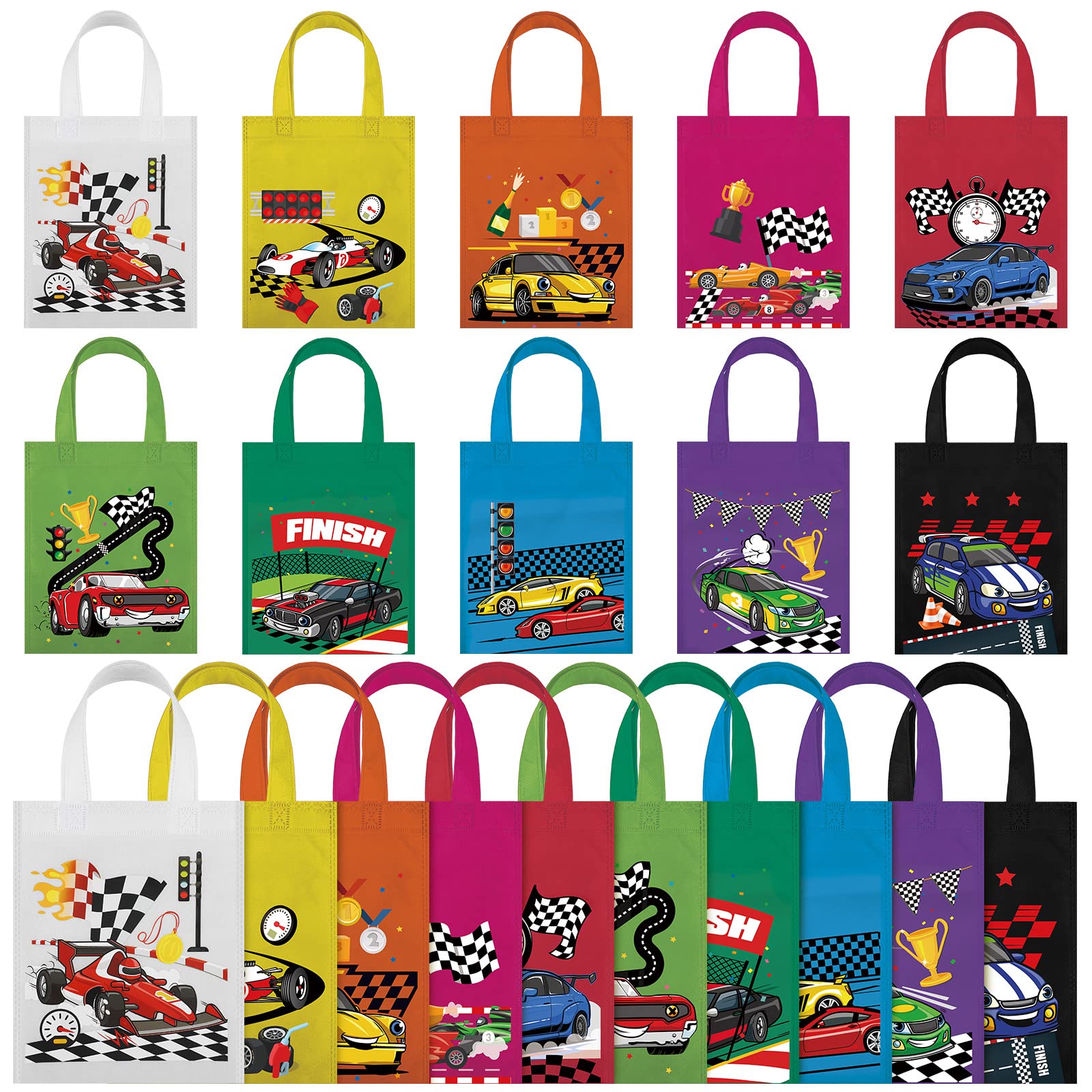 Bikasun 10 stuks raceauto geschenkzakken met handgrepen, raceauto traktatiezakken raceauto feestgeschenktas, papieren feestzakken, verjaardag goodiezakken voor raceauto thema, blauw rood geel