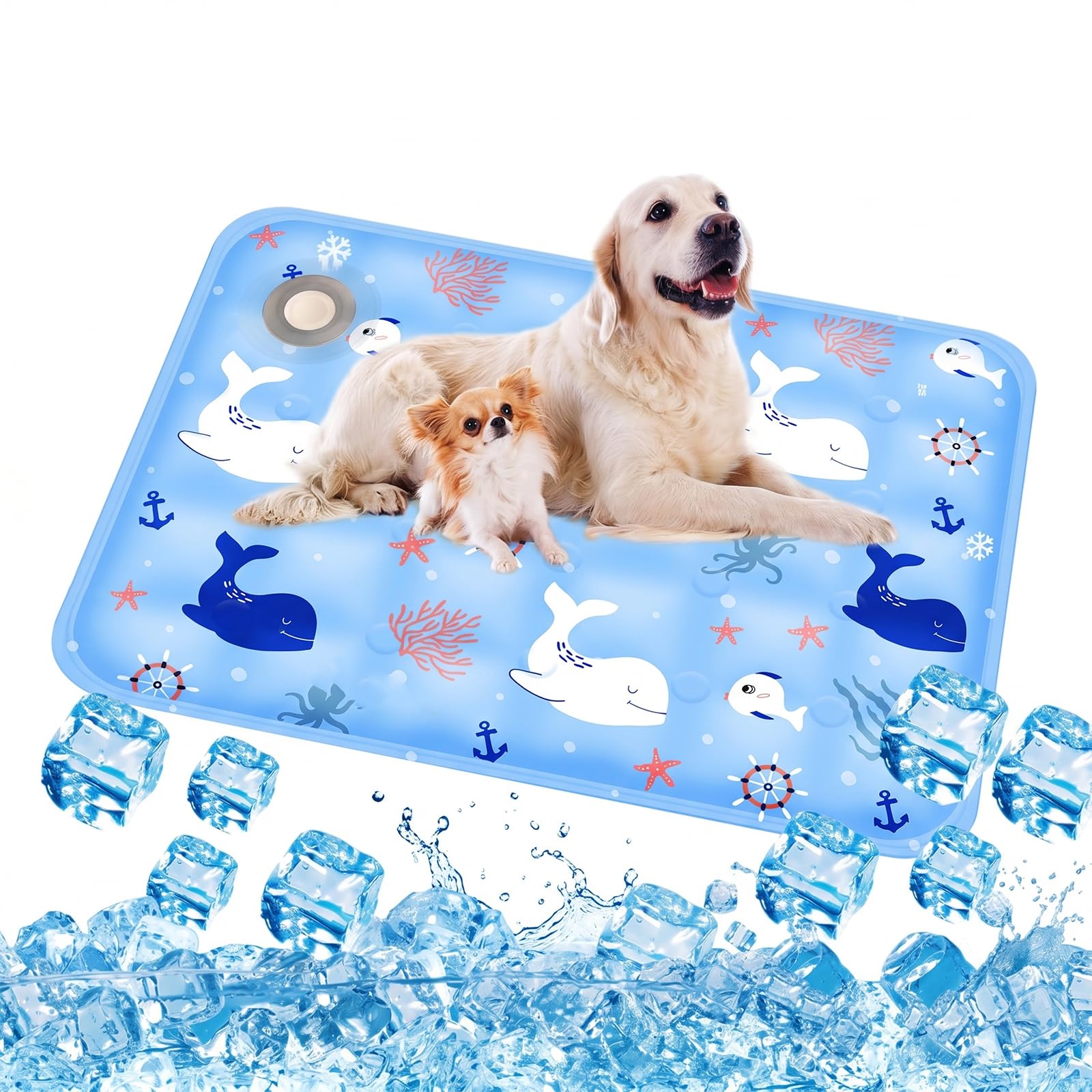 Alfombrilla Refrescante para Perros y Gatos, Manta Fría de Gel para Mascotas 40x50cm (M), Cama de Verano Refrescante, Diseño Mundo Marino para Alivio del Calor y Confort en Días Calurosos