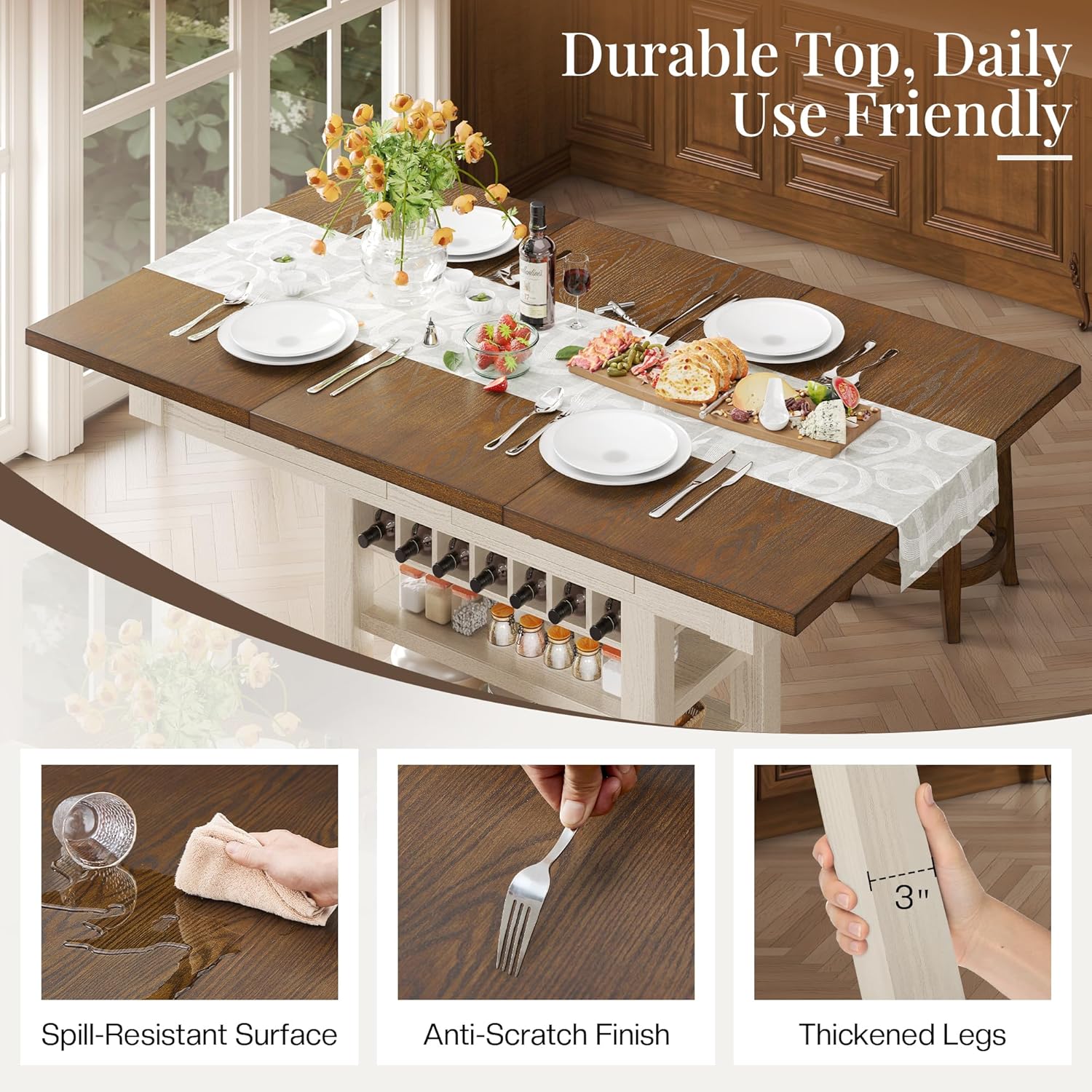 Jocisland dining table with integrated storage, including drawers, shelves, and wine rack