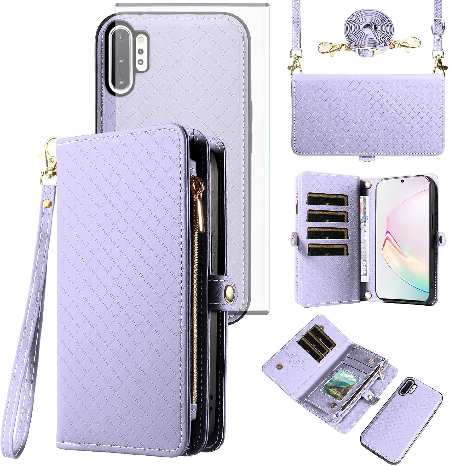 Asuwish Phone Case for Samsung Galaxy Note 10 Plus Note10+ 5G Zipper Wallet Cell Cover with Tempered Glass Screen Protector Strap Flip Card Holder Note10 + Notes 10+ Ten Not S10 10Plus Women Purple