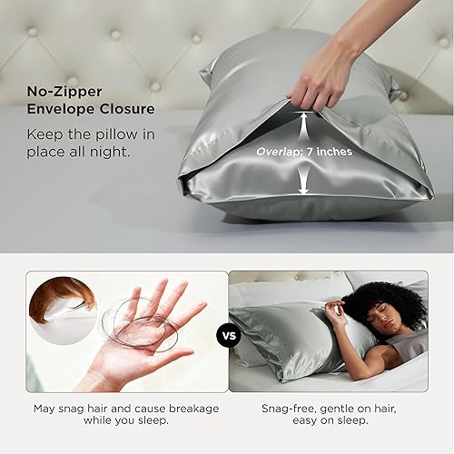 Vista 186 de Bedsure Juego de 2 fundas de almohada de satén tamaño King, fundas de almohada sedosas color verde azulado para cabello y piel con cierre de sobre