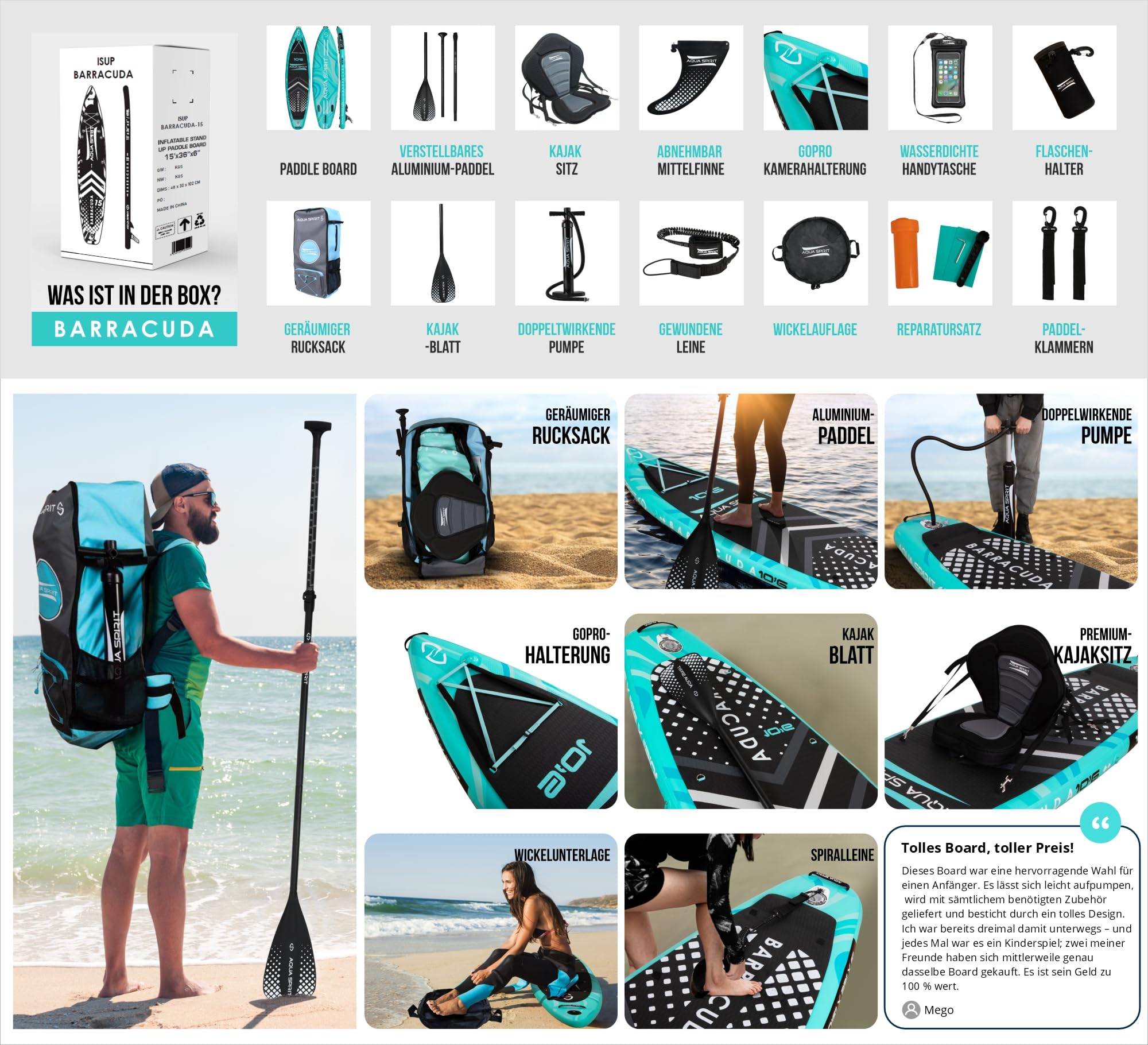 Aqua Spirit Sup Board mit Sitz | Kajak Aufblasbar Barracuda Stand Up Paddling Board 320x81x15cm Für Standup Paddle Board bis 150KG mit Sup Sitz, Doppelpaddel, Pumpe, Tasche & Zubehör Sup Set