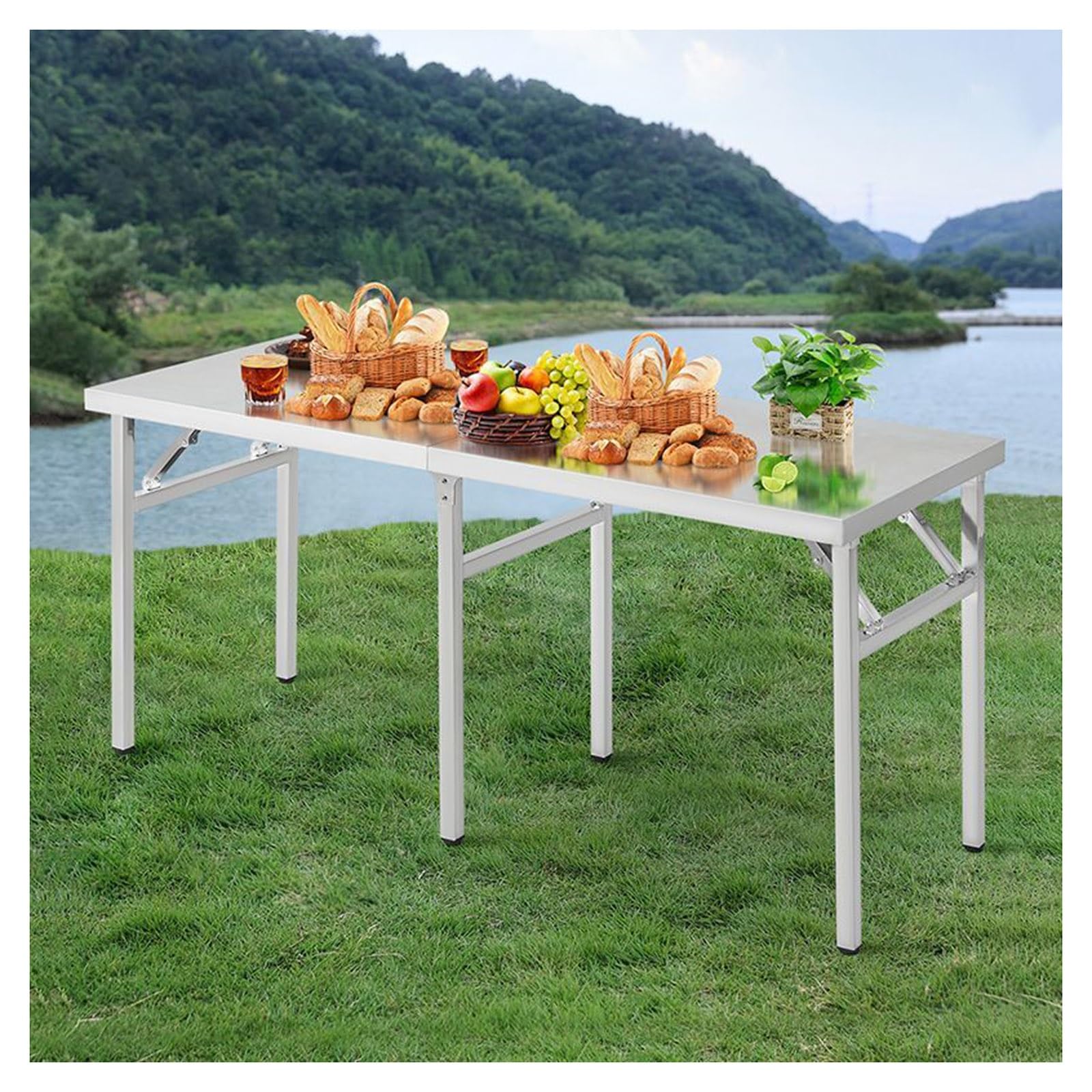 Mesa plegable de acero inoxidable, patas antideslizantes ajustables, diseño triangular para uso en interiores y exteriores, no requiere montaje, multifuncional para trabajo y barbacoa