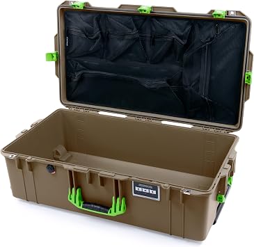 Pelican Air 1615 Case by ColorCase - Dark Desert Dirt - Large Size Waterproof Case Mesh Lid Organizer Only - Lime Green Handles & Latches