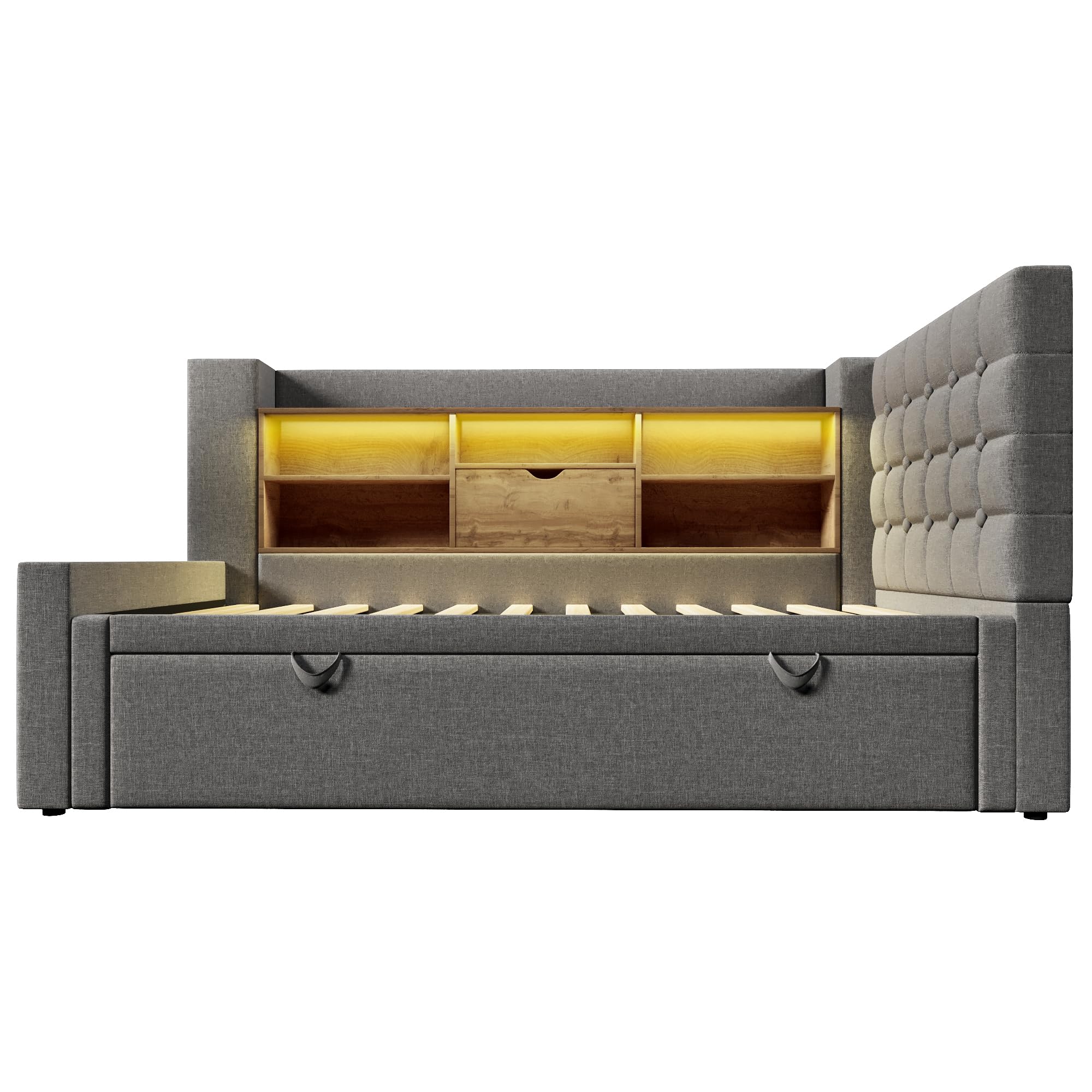 Cama tapizada de 90 x 200 cm con cama nido de 90 x 190 cm, iluminación LED, cama de almacenamiento, cabecero en forma de L con espacio de almacenamiento, montaje por ambos lados, somier, lino