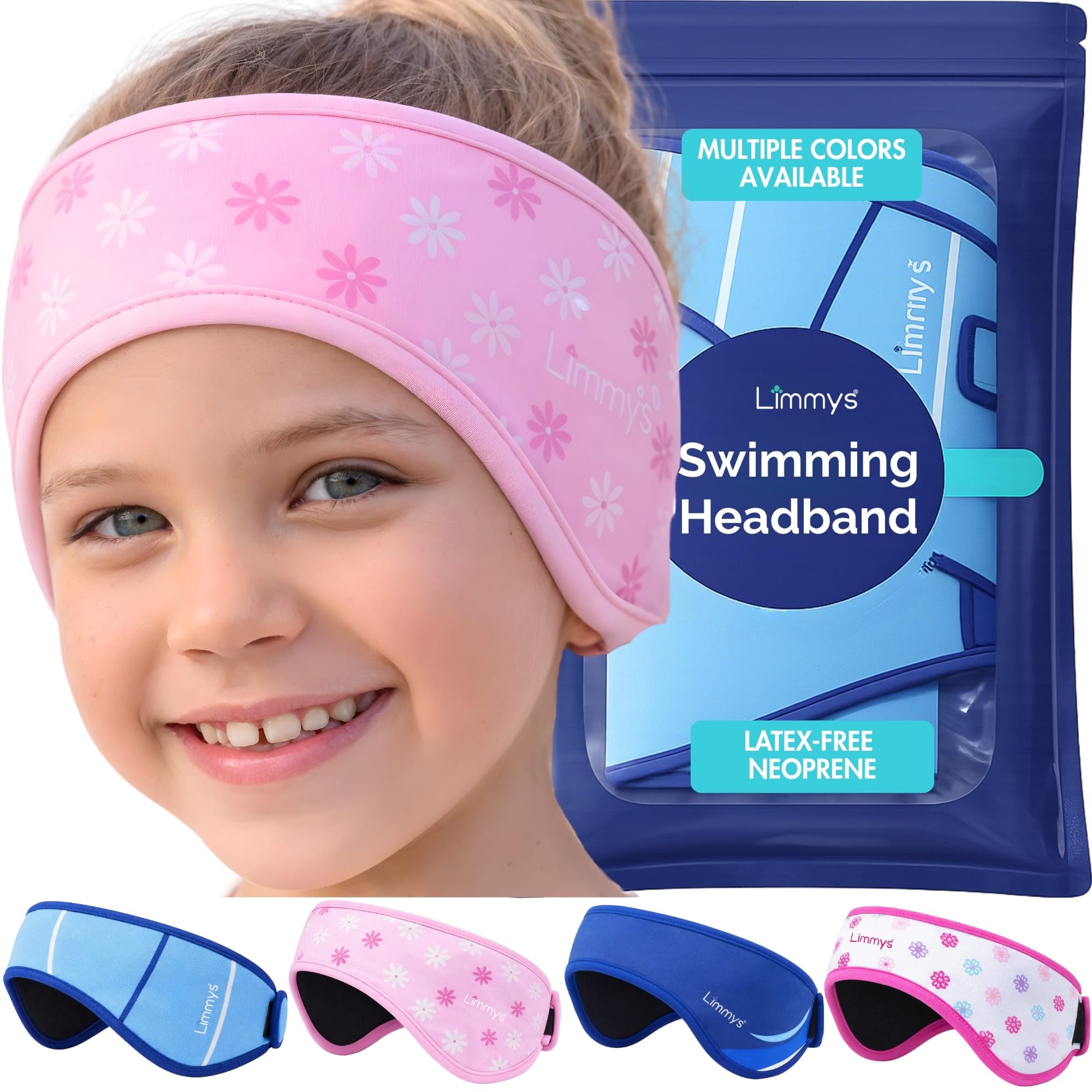 Limmys Swimming Headband for Kids & Adults - Doctor-Inspired Ear Protection, Reinforced Elastic Neoprene Band, Latex-Free Child-Safe Materials, Holds Earplugs Securely (Pink Stars, L (8+ Years)) โ image 1