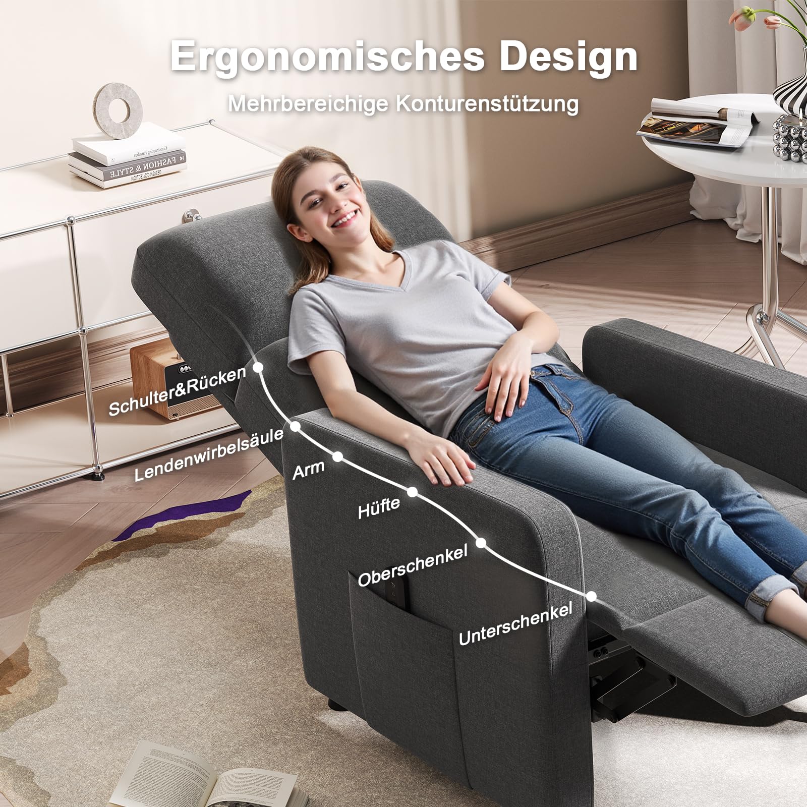 JUMMICO Relaxsessel Fernsehsessel Liegesessel mit Liegefunktion Elektrisch Verstellbarer Einzelliegesessel aus Leinenstoff für Wohnzimmer Schlafzimmer Heimkino (Grau)