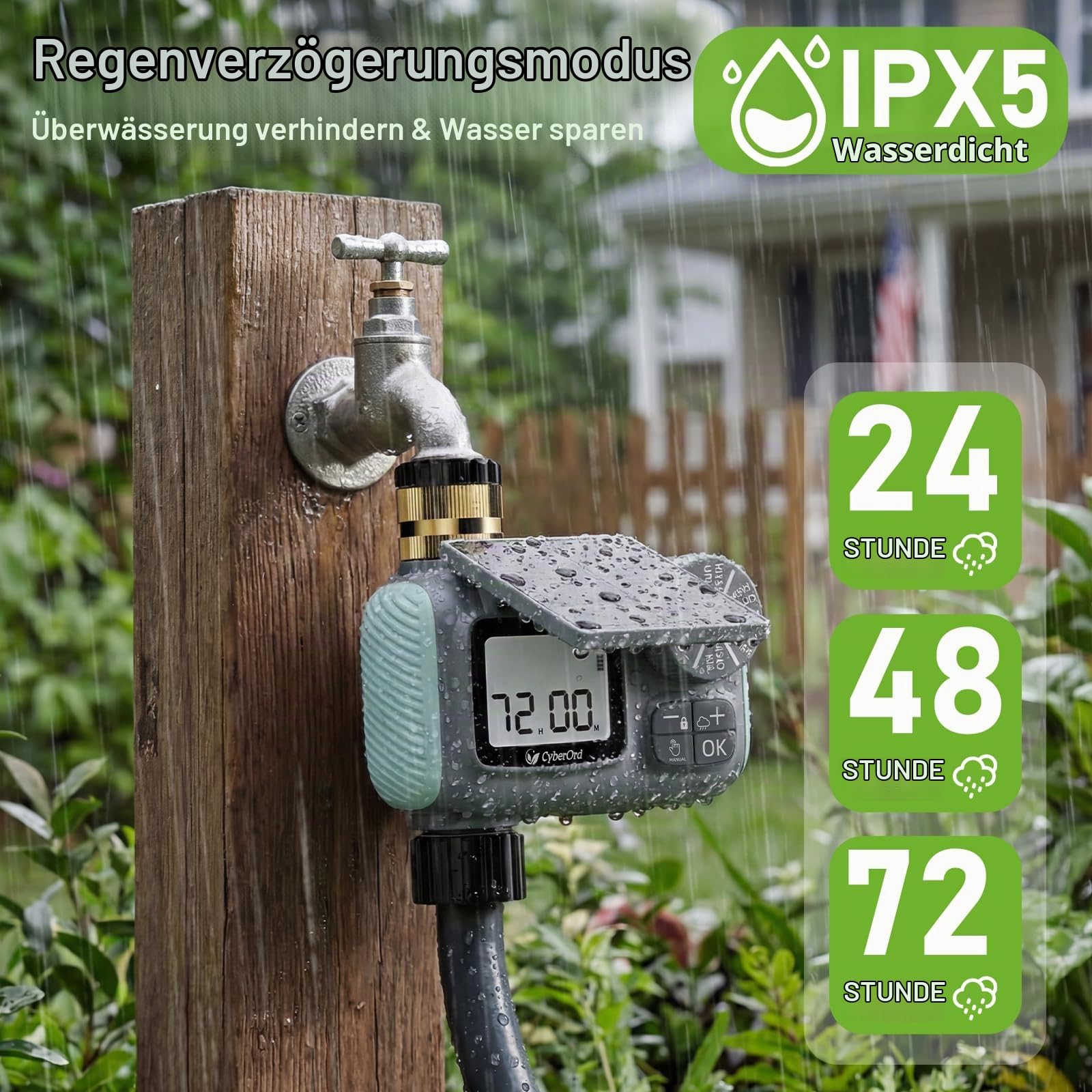 Bewässerungscomputer mit Solarenergie, Programmierbare Wasser Bewässerungsuhr LCD-Display Automatische Zeitschaltuhr mit Regenverzögerung/Automatischem & Manueller Modus für Garten und Rasen