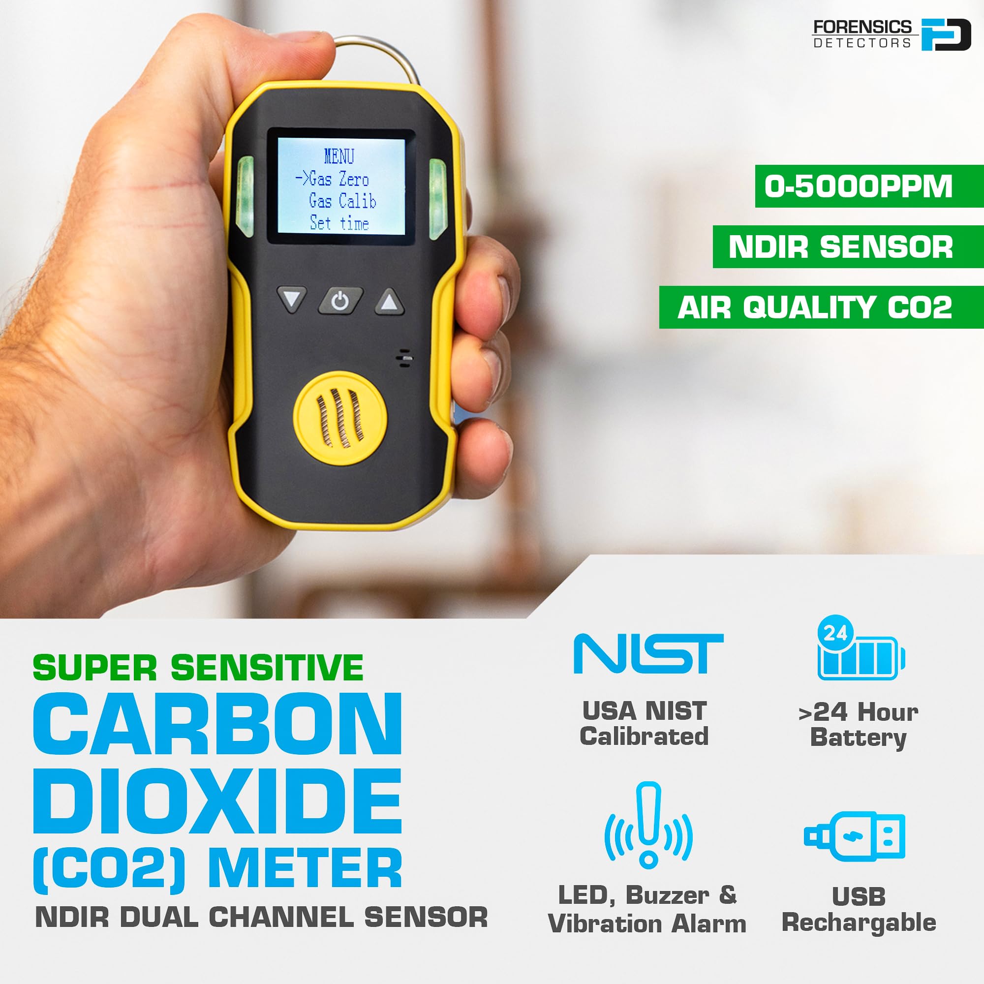 Medidor de CO2 para Seguridad | Certificado de Calibración EU | Sensor CO2 NDIR | Recarga USB | Alarmas Sonoras, Luminosas y por Vibración | 0–5000 ppm de Dióxido de Carbono