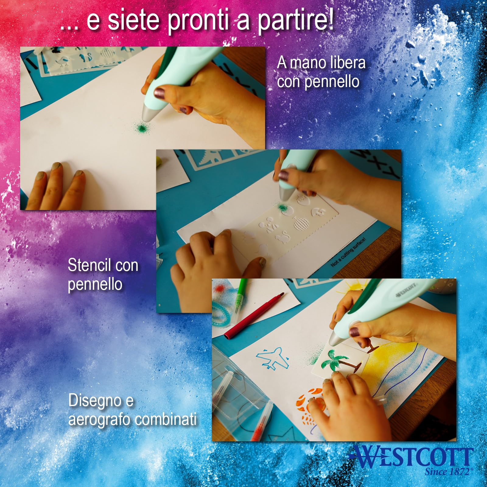 Westcott set aerografo per bambini | Penna elettrica a spruzzo in set iniziale con 12 pennarelli e 19 stencil | Con batteria ricaricabile e caricatore USB | E-16800 00