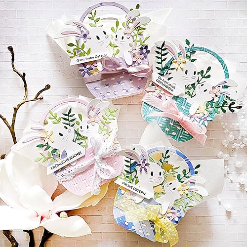Miniatura 6 de Cesta de flores de conejo troquelada de metal, plantillas de marco de conejito de animales de Pascua, tarjetas de manualidades, troqueles de corte