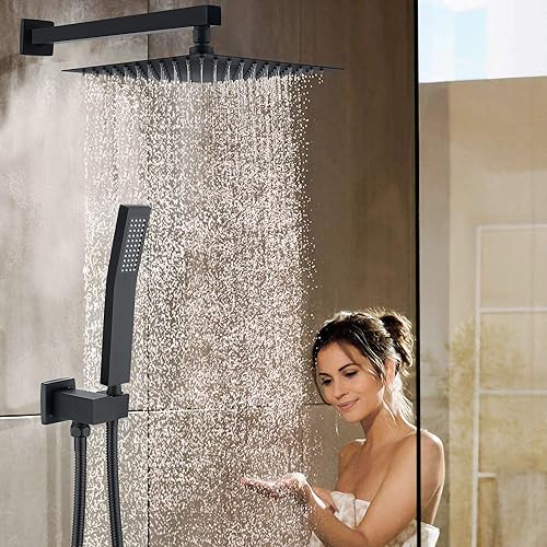 Miniatura 2 de DMDMBATH Sistema de ducha negro mate con cabezal de ducha de lluvia de 10 pulgadas, juego de grifos de ducha de alta presión, juego completo de
