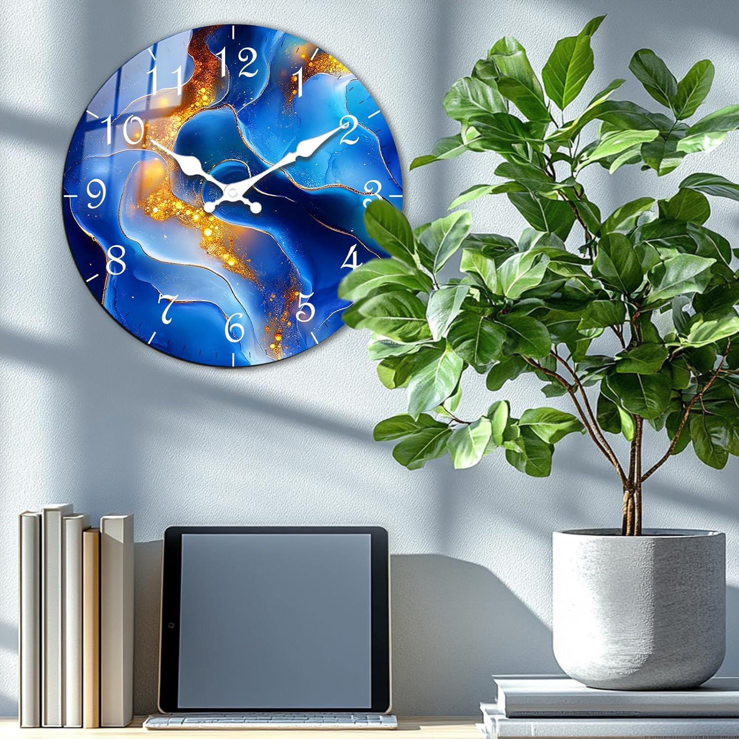 Large Wall Decor Modern Wooden Clock – Marble Texture Design Blue Wall-Clocks Battery Operated Silent Movement 16 Inch for Hallway