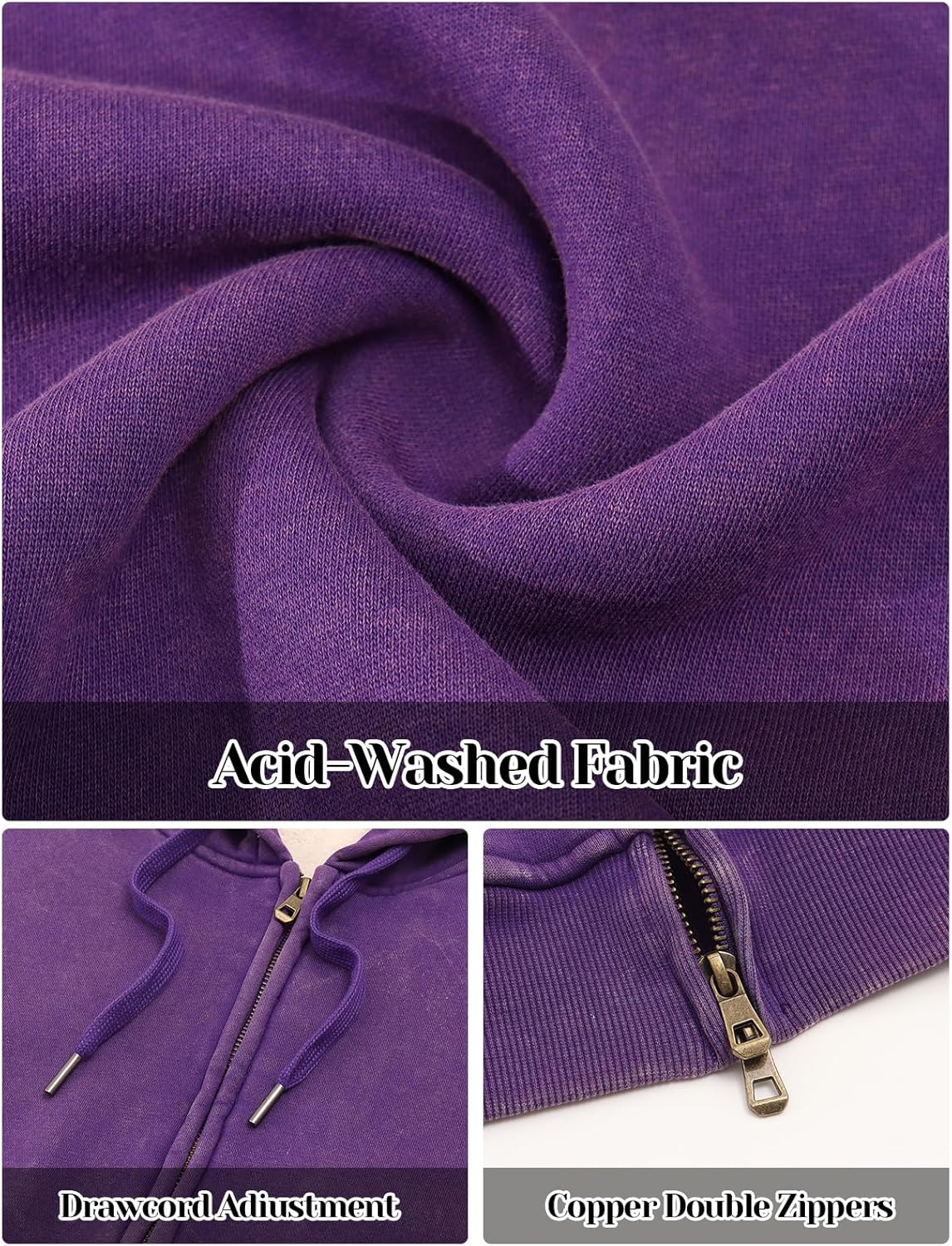 Women's Acid Wash Fleece Sherpa Lined Hoodie Jacket Winter Warm Zip Up Hoodies Heavyweight Vintage Sweatshirt Coat - Image 4